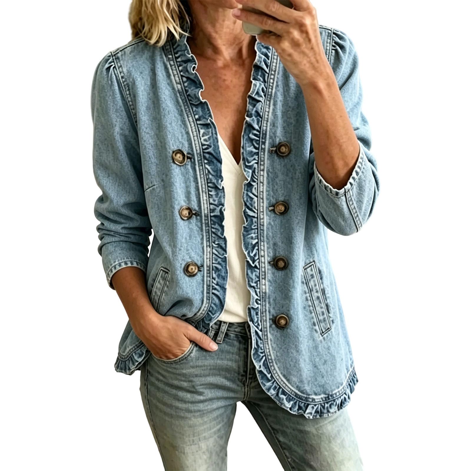 Veste en Jean pour Femme Volants à L’Ourlet Veste Mi‑Saison Élégante