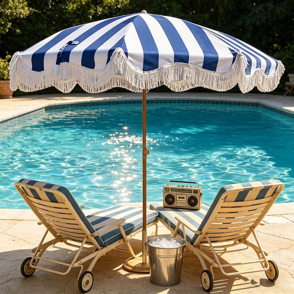 Sombrilla de playa de 200 cm con flecos, sombrilla de patio exterior inclinable, rayas azules, protección UV e impermeable, para piscina, mesa, jardín