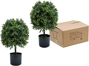 Artificial Topiary Boxwood Ball Trees 20 Inch, Fake Greenery for Front Porch, Indoor Walkway, Entryway, Set of 2