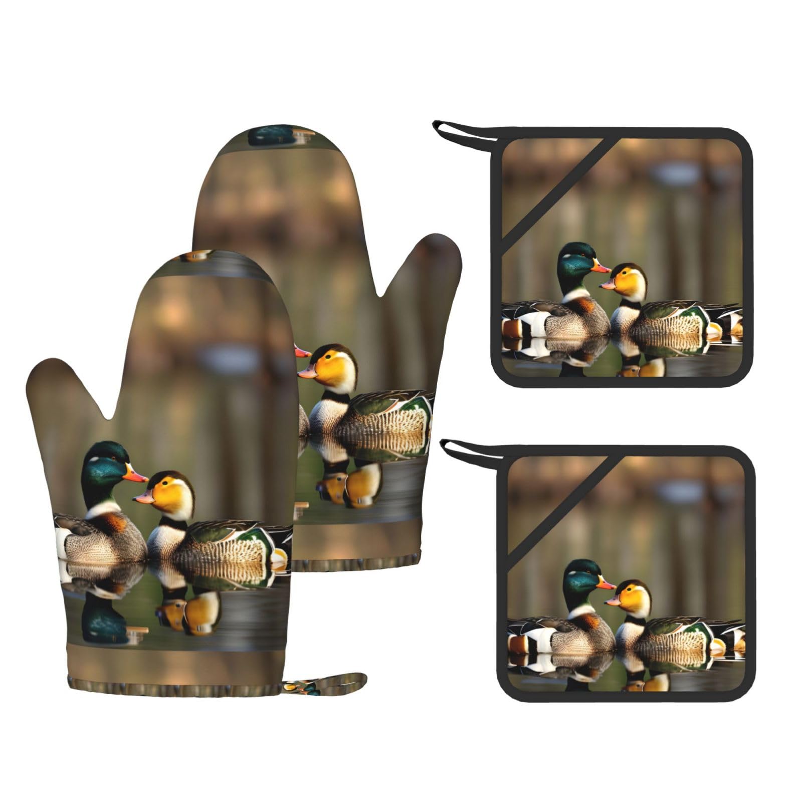 Mallard Ducks Print Kitchen Heat Resistant Set,Cooking Kit With Hanging Loop For Baking & Bbq