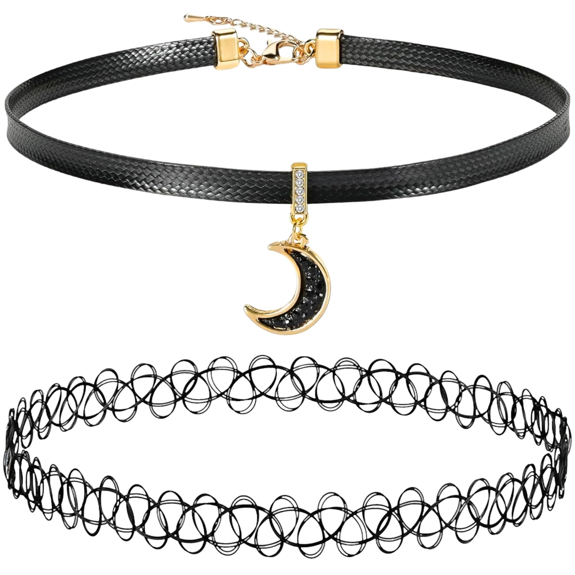 BodyJ4You 2PC Tattoo Choker Leather Necklace Set - 90s Choker Necklace for Women - 2000s Y2K Vintage Collar Neck Lace - Gothic Jewelry Emo Scene