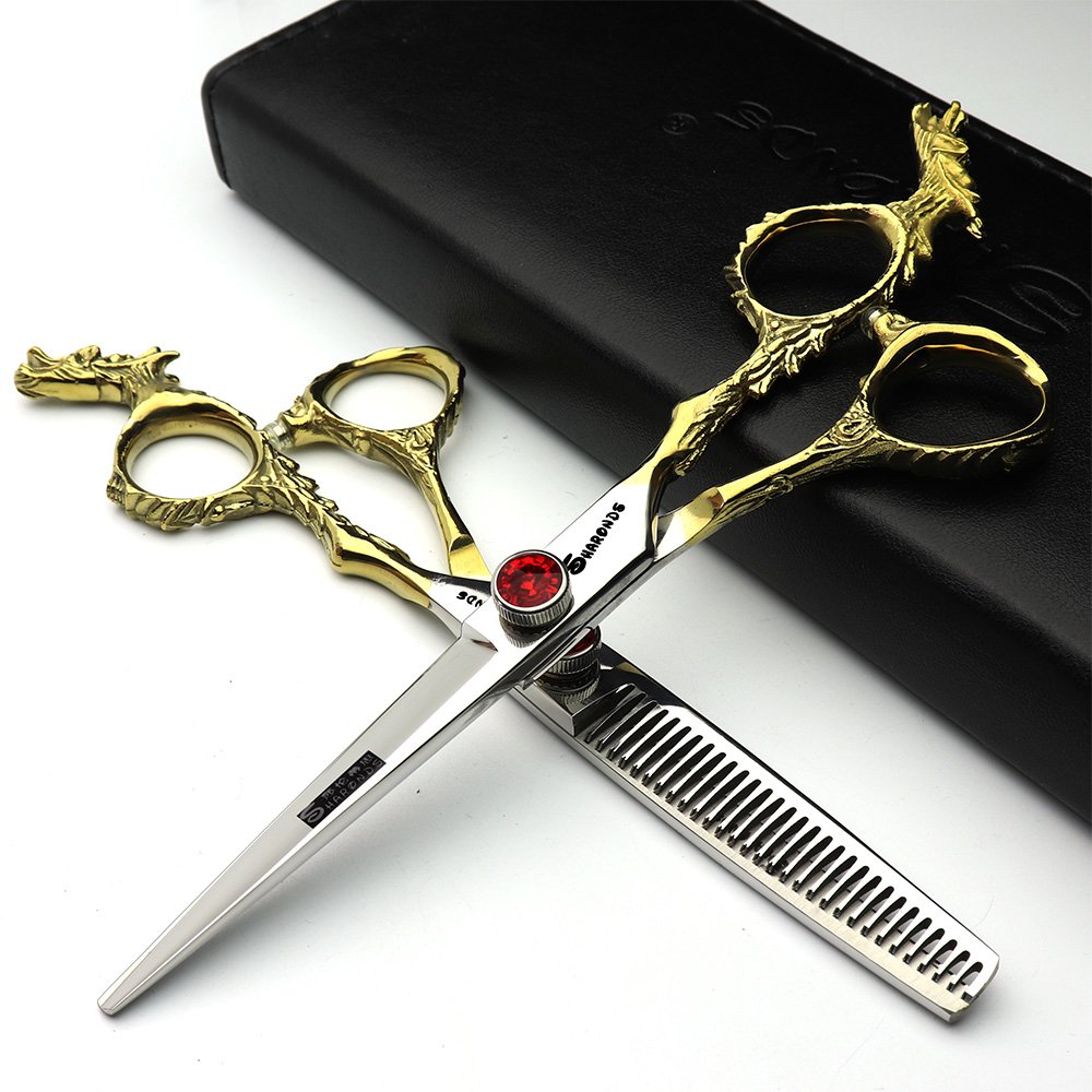 Japón Studio herramientas de modelado de peluquería profesional 6.0 pulgadas corte de pelo tijeras + tijeras de entresacar Gems enviado al azar