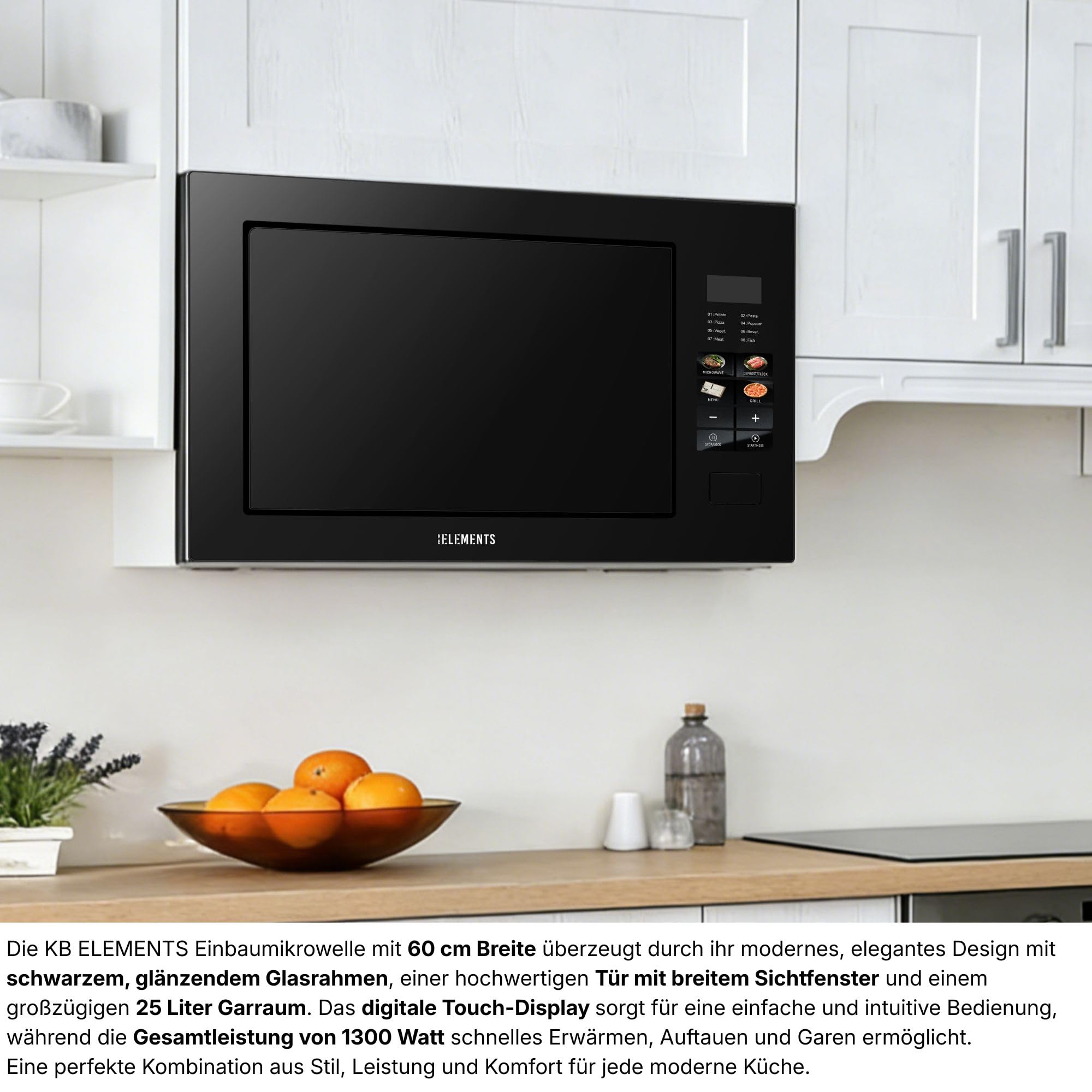 Einbaumikrowelle 60 cm | Einbau Mikrowelle 25 Liter | Full Touch | 1200W Grill | Glasrahmen | Edelstahl | inkl. Grillrost und Drehteller