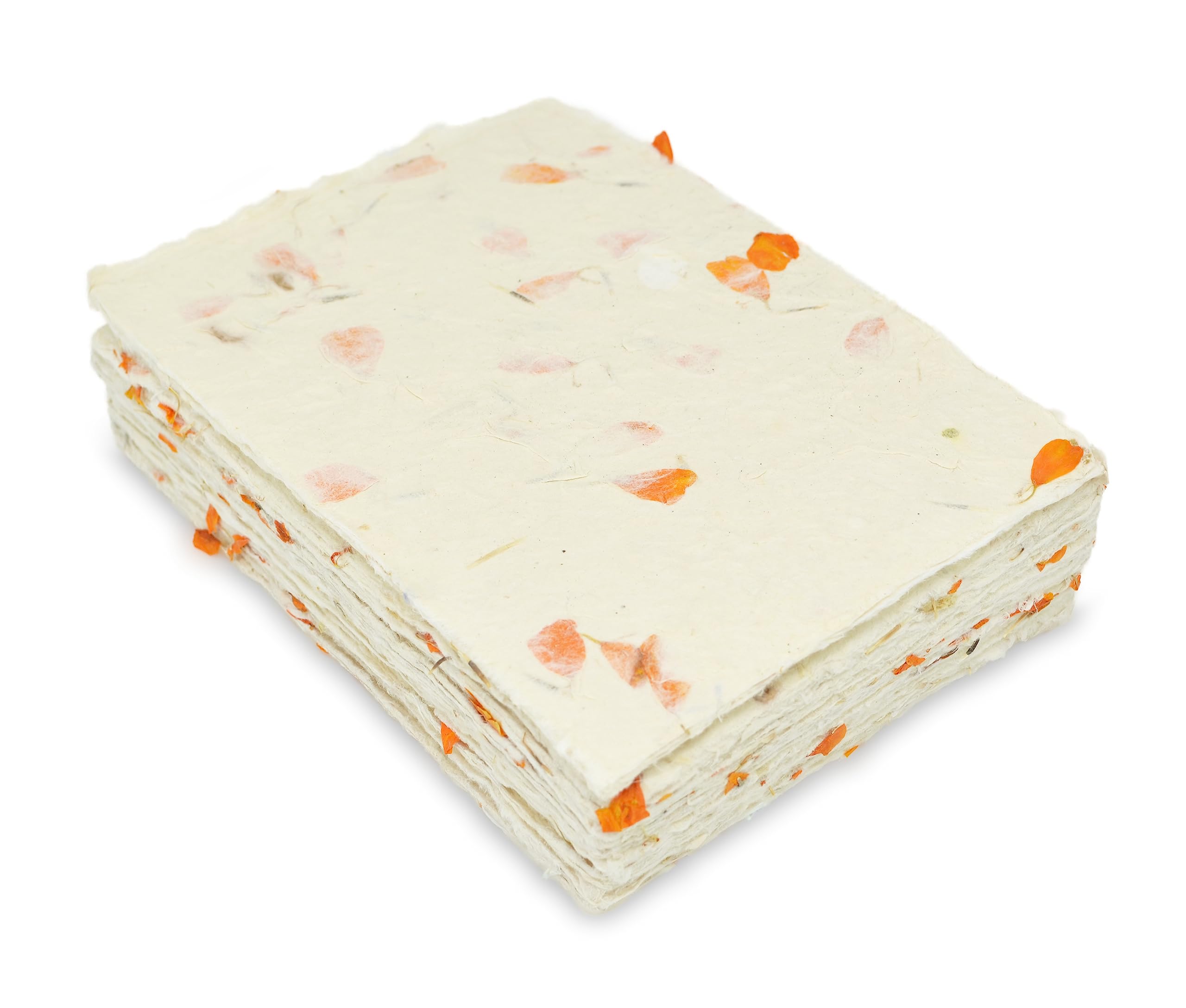 Kathmandu Valley Co.Handmade Lokta Card Stock 5x7 Inch Deckle-edge Paper with Marigold Petals for Vintage Stationery, Printing, and Decorative Invitations (50 Sheets, Marigold)