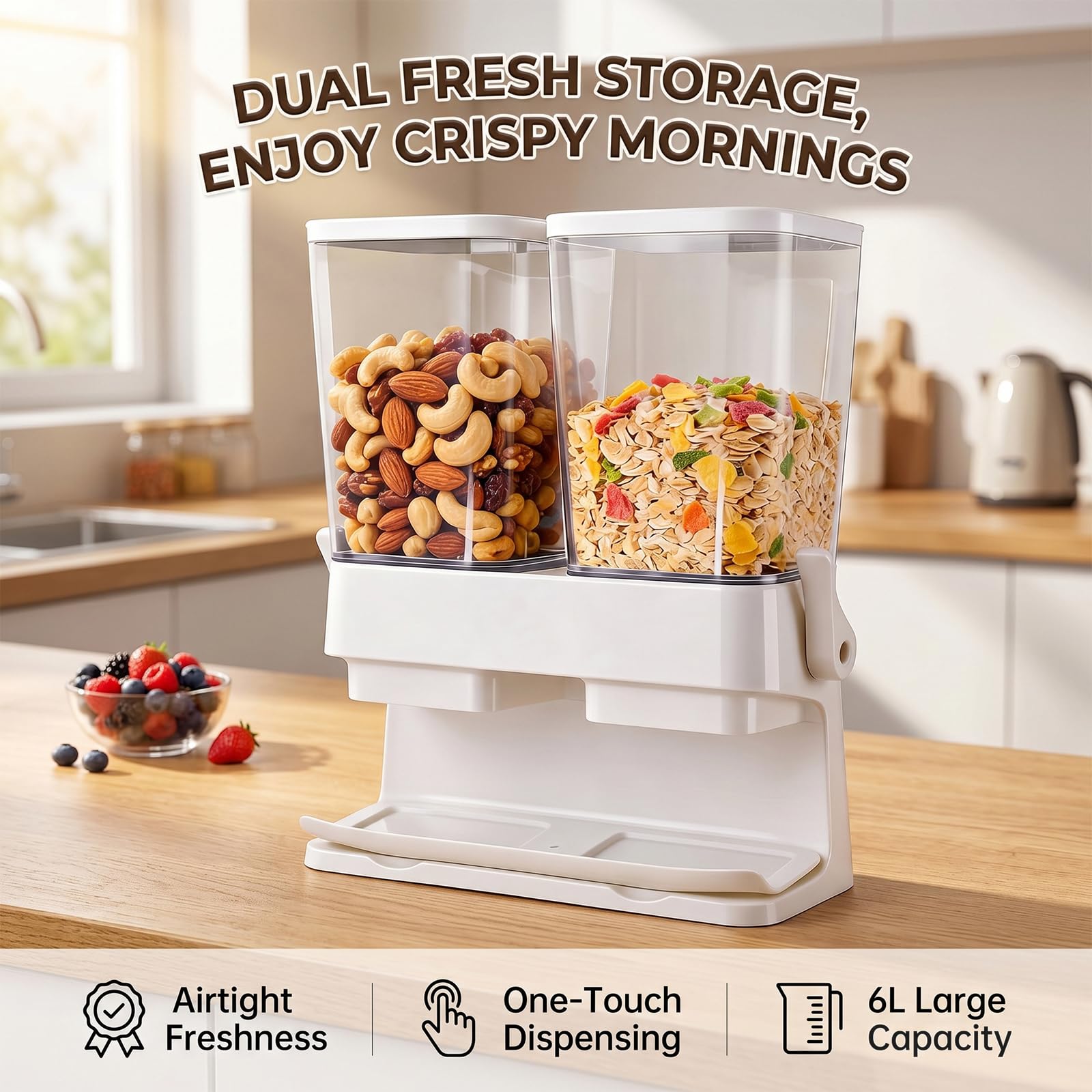 Set di 2 dispenser per cereali, 3 l, ermetici, di grande capacità, per conservare il riso automatico, contenitori trasparenti con coperchio, per cereali, snack e cereali (bianco)