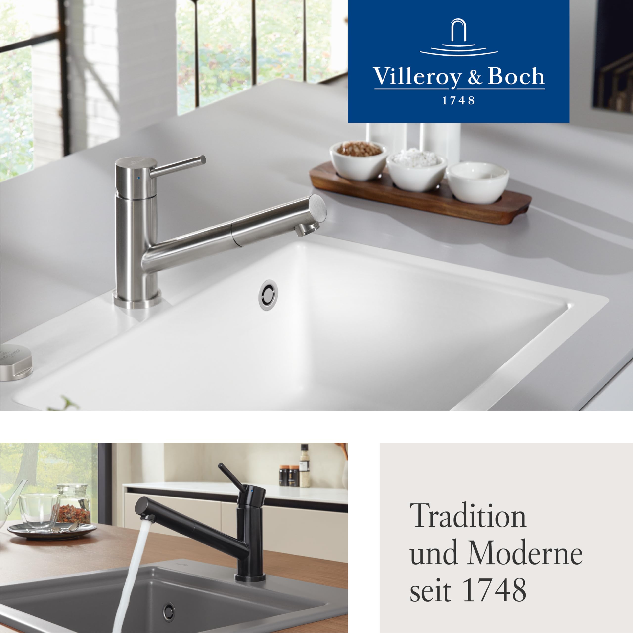 Villeroy & Boch Como Shower Küchenarmatur, Hochdruck, Wasserhahn Küche mit ausziehbarer Brause und 120° Schwenkbereich, Spültischarmatur wassersparend, Auslauf Höhe 120mm, Edelstahl massiv