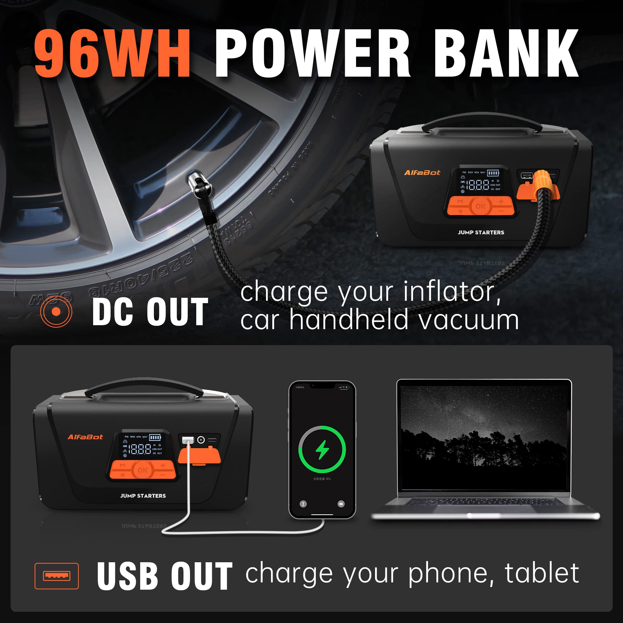 AlfaBot Q4 Booster Batterie 4000A - Démarreur Voiture + Compresseur