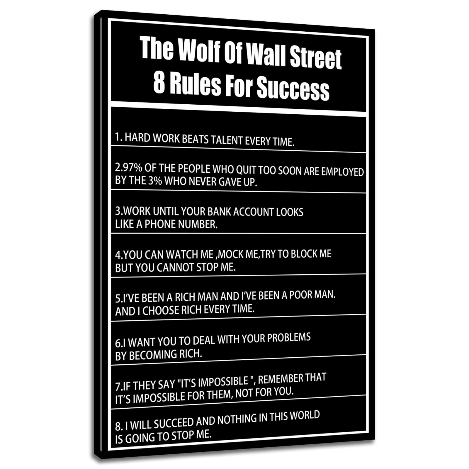 Inspirational Wall Art Entrepreneur Quotes The Wolf Of Wall Street 8 Rules for Success Canvas Posters Motivational Canvas Print Picture Painting for Home Bedroom Office Decoration [12''W X 18''H]