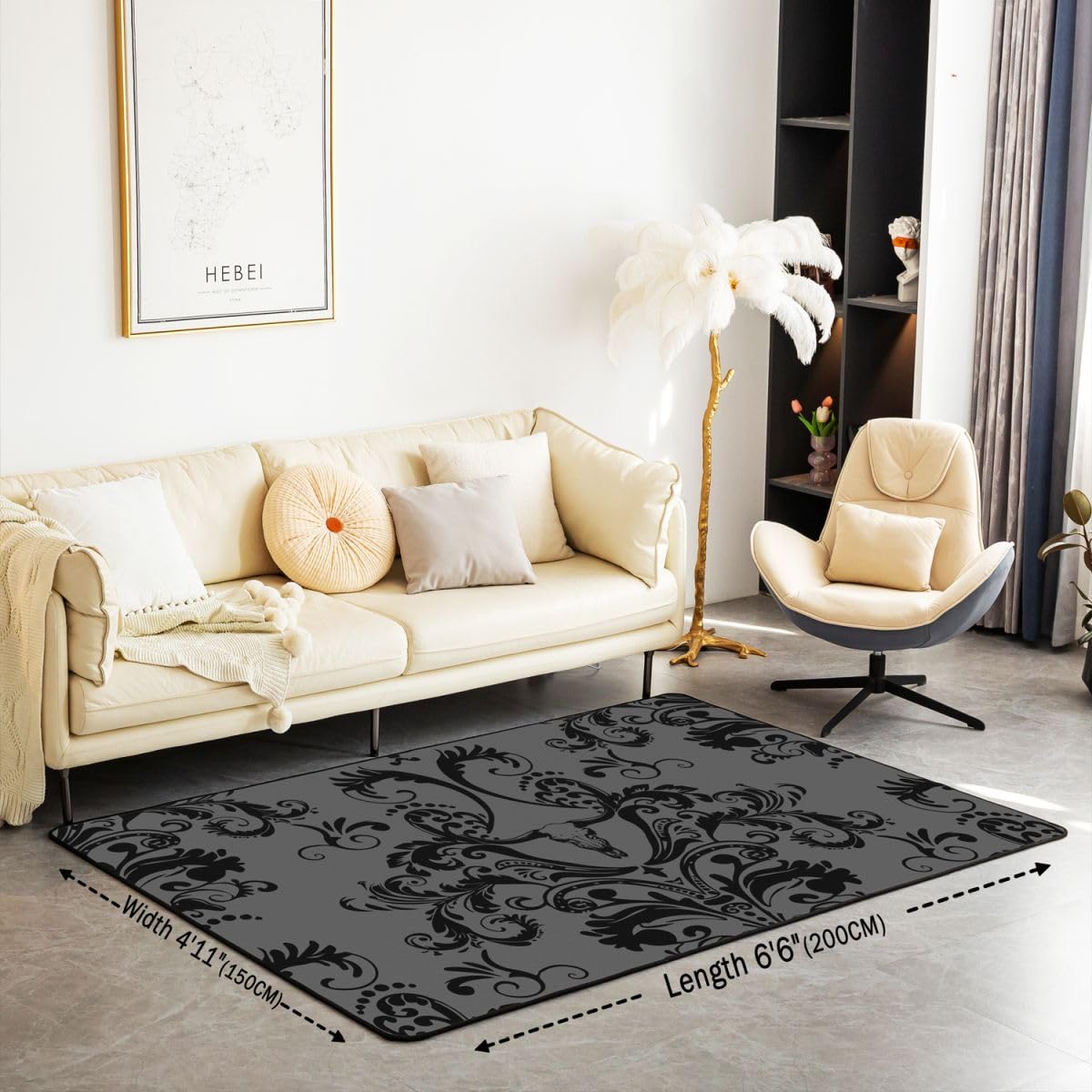 Homewish Szary adamaszek dywanik 100 x 150 cm - byk krowa czaszka gotycki dywan do salonu vintage boho kwiatowy nie gubi włosia dywan antyczny wiktoriański duży dywan wystrój pokoju estetyczny