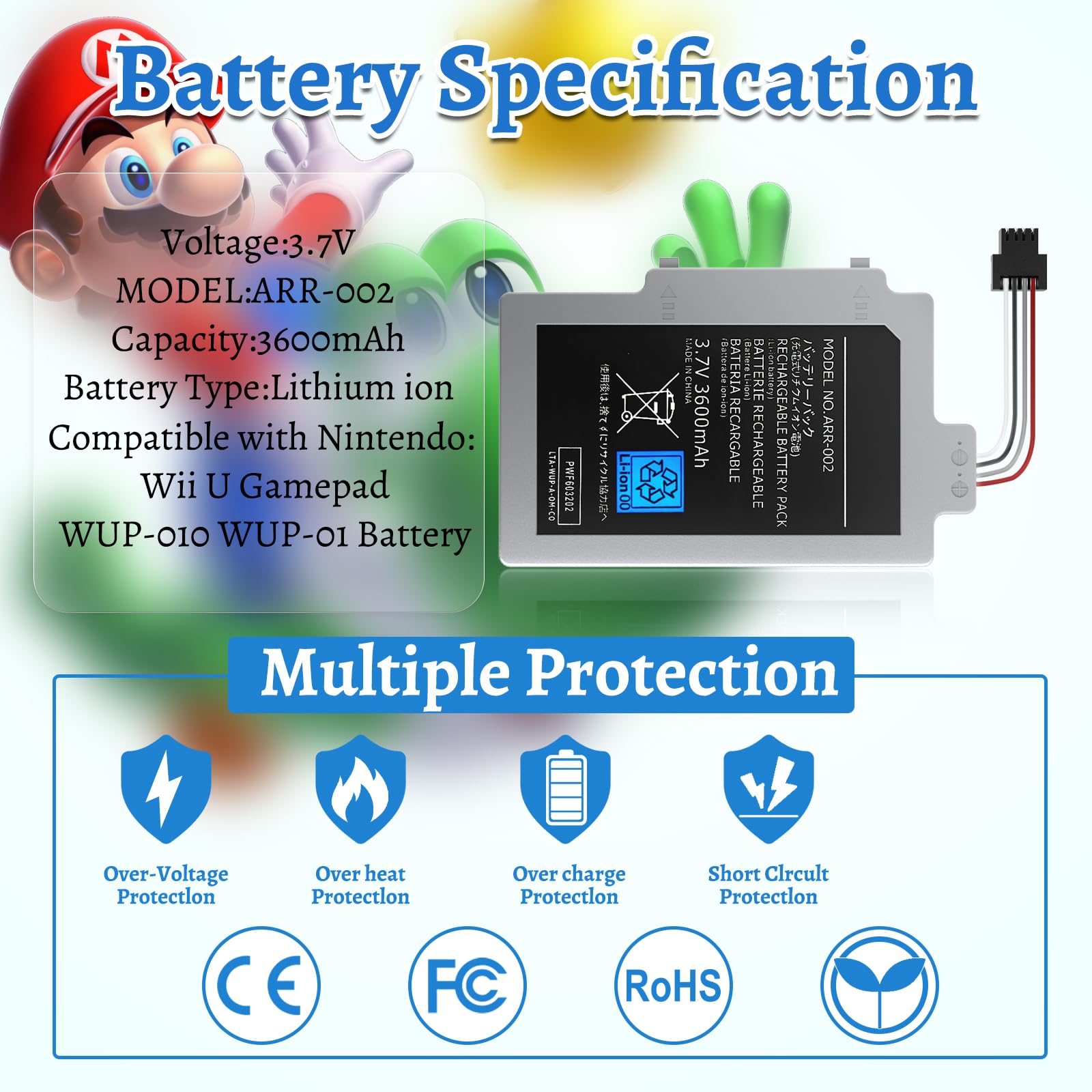 Batteria di ricambio per Wii U Gamepad ad alta capacità per Wii U Gamepad WUP-010 WUP-002 ARR-002 AC1748 AC1612