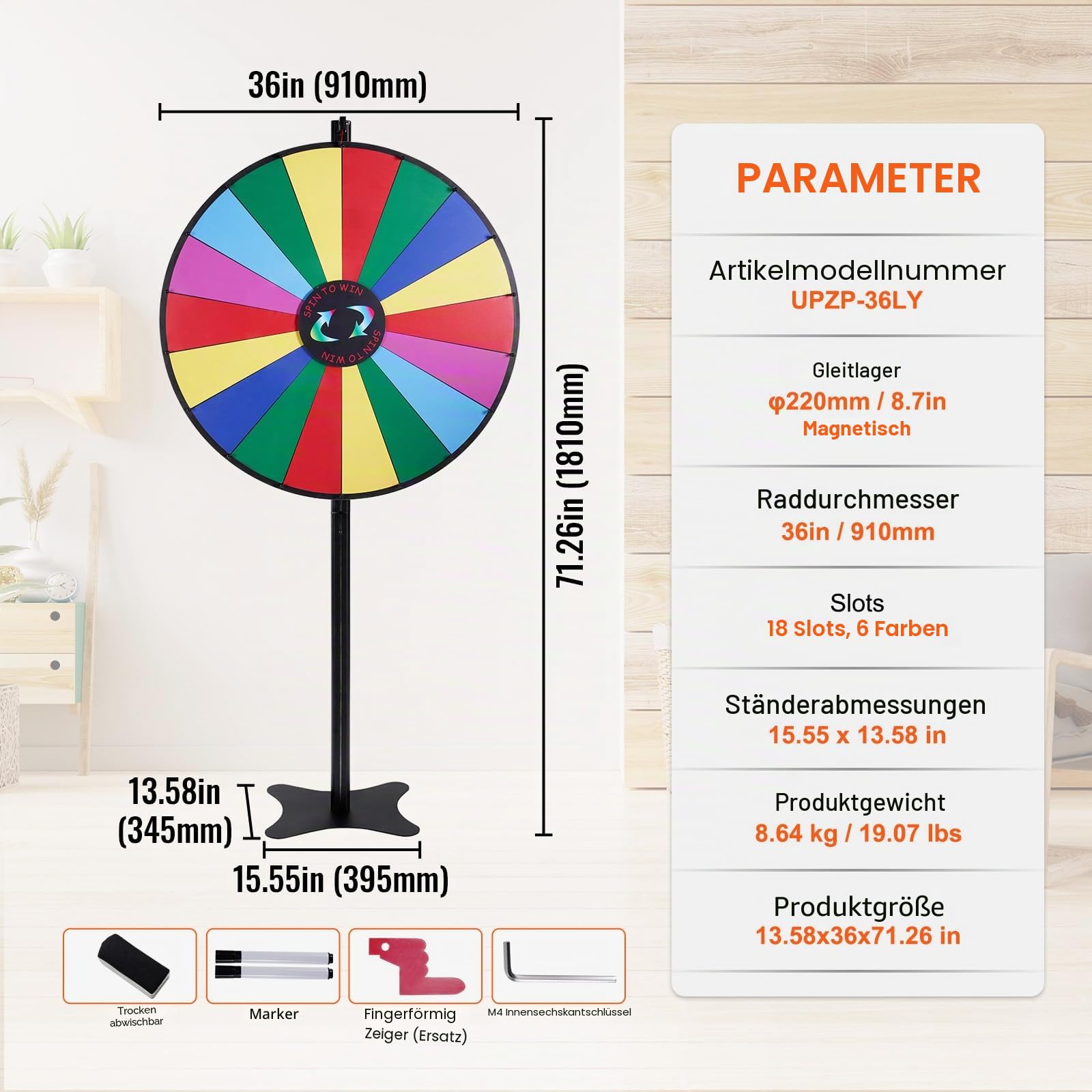 VEVOR 36 Zoll Glücksrad mit 18 Fächern, Rouletterad mit Trocken Abwischbarem Stift & 2 Markern, zum Aufstellen auf dem Tisch oder auf dem Boden, um Glücksspiele für Partys, Kneipen usw.