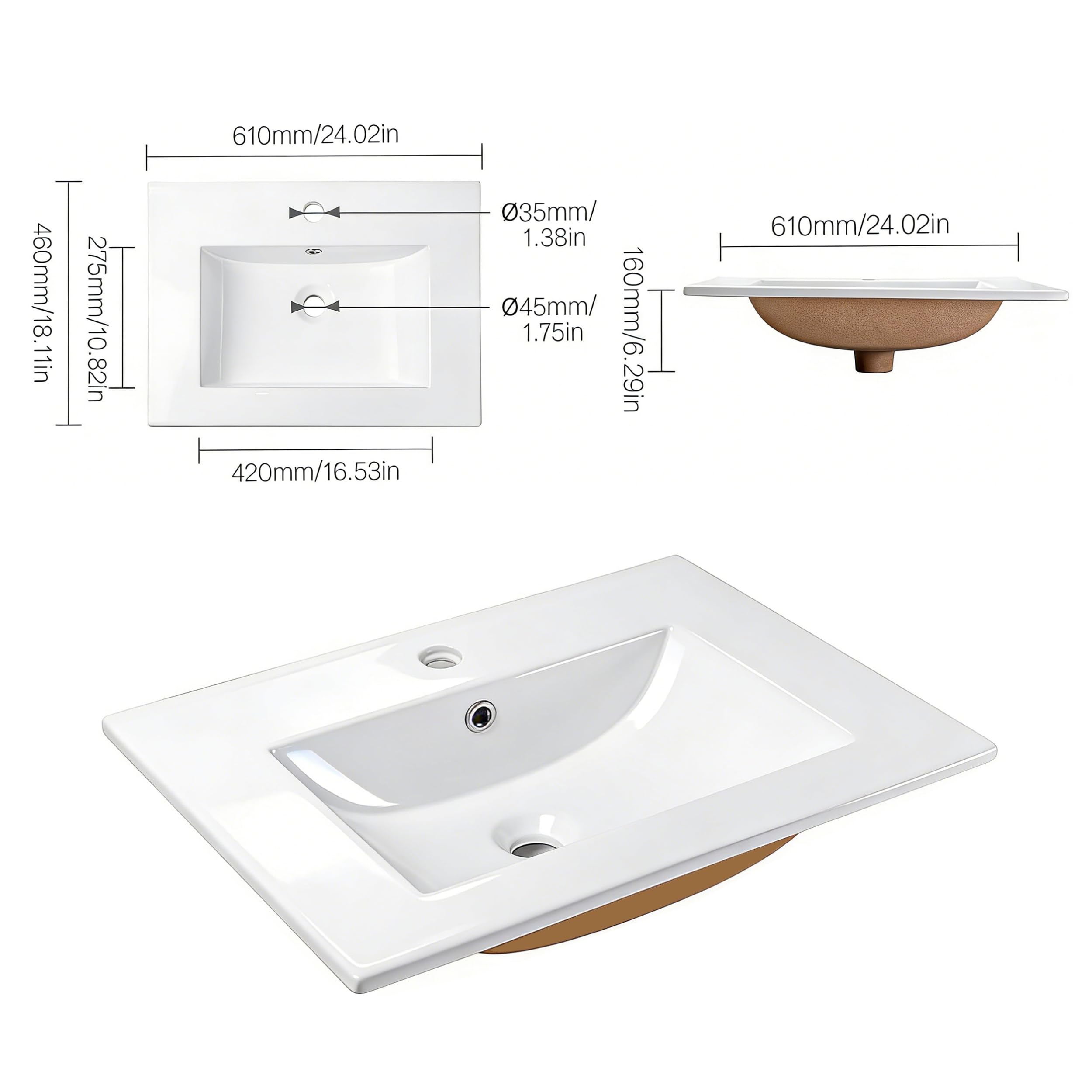 NUESTRA VIDA Vasque À Encastrer Lavabo Céramique Encastré, Lavabo de Salle de Bain, Rectangulaire, Blanc Brillant, 61 x 46 x 16 cm
