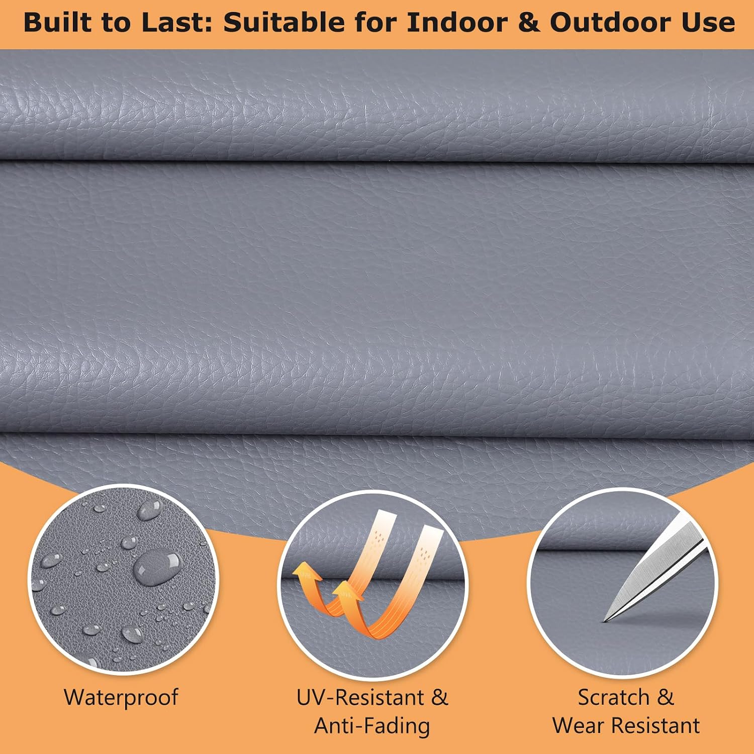 ANMINY 2 Yards Faux Leather Fabric 54" Wide Vinyl Upholstery Fabric by The Yard 0.7MM Thick Soft PU Leather Outdoor Vinyl Material for Marine Furniture DIY Sewings Crafts Boat Car, Grey