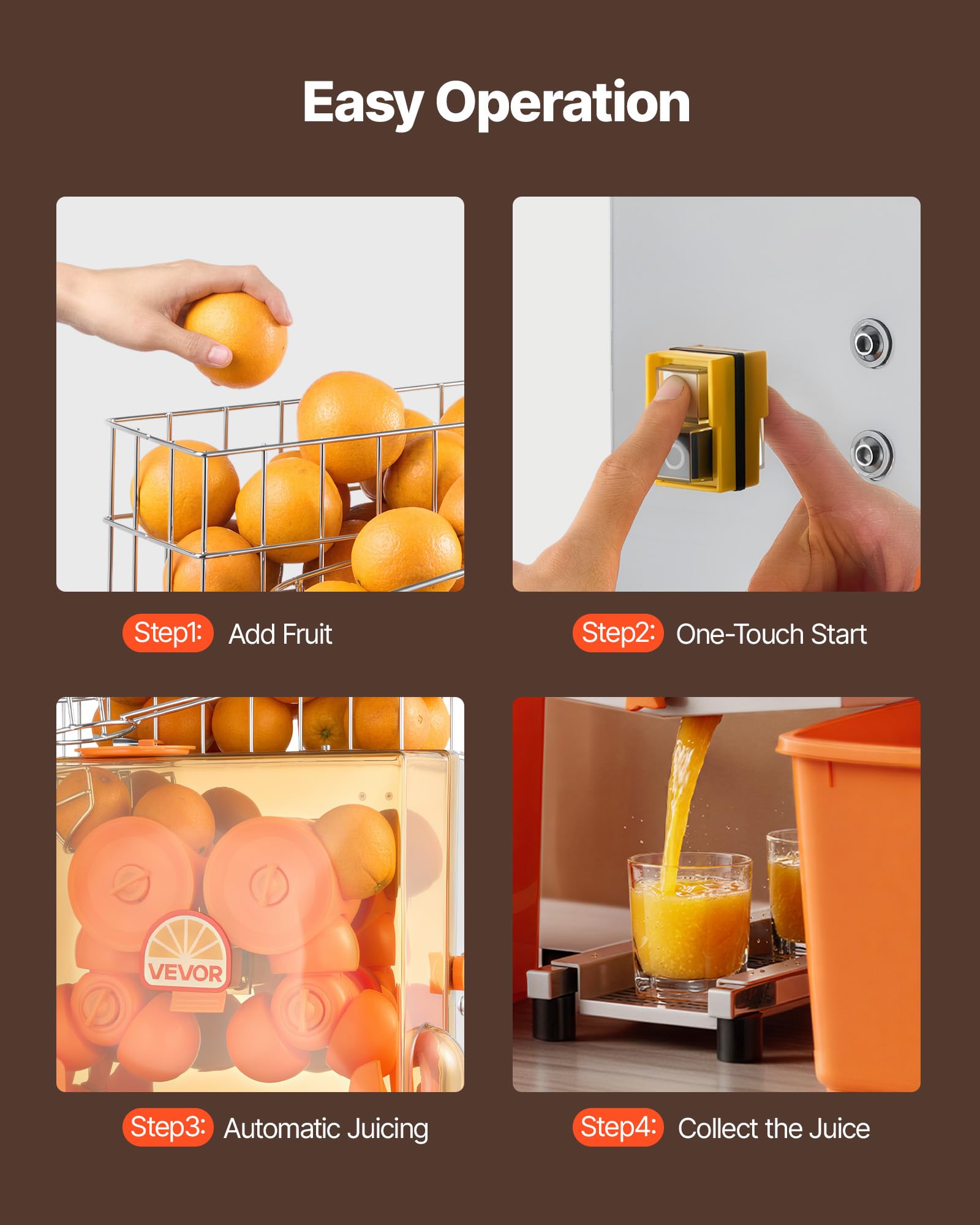VEVOR Exprimidora de Naranjas Comercial 120 W de Acero Inoxidable y PC, Eléctrica, Con 2 Recipientes Recolectores, Capacidad para Hasta 20 Naranjas por Minuto, Para Limones y Cítricos 55-80 mm