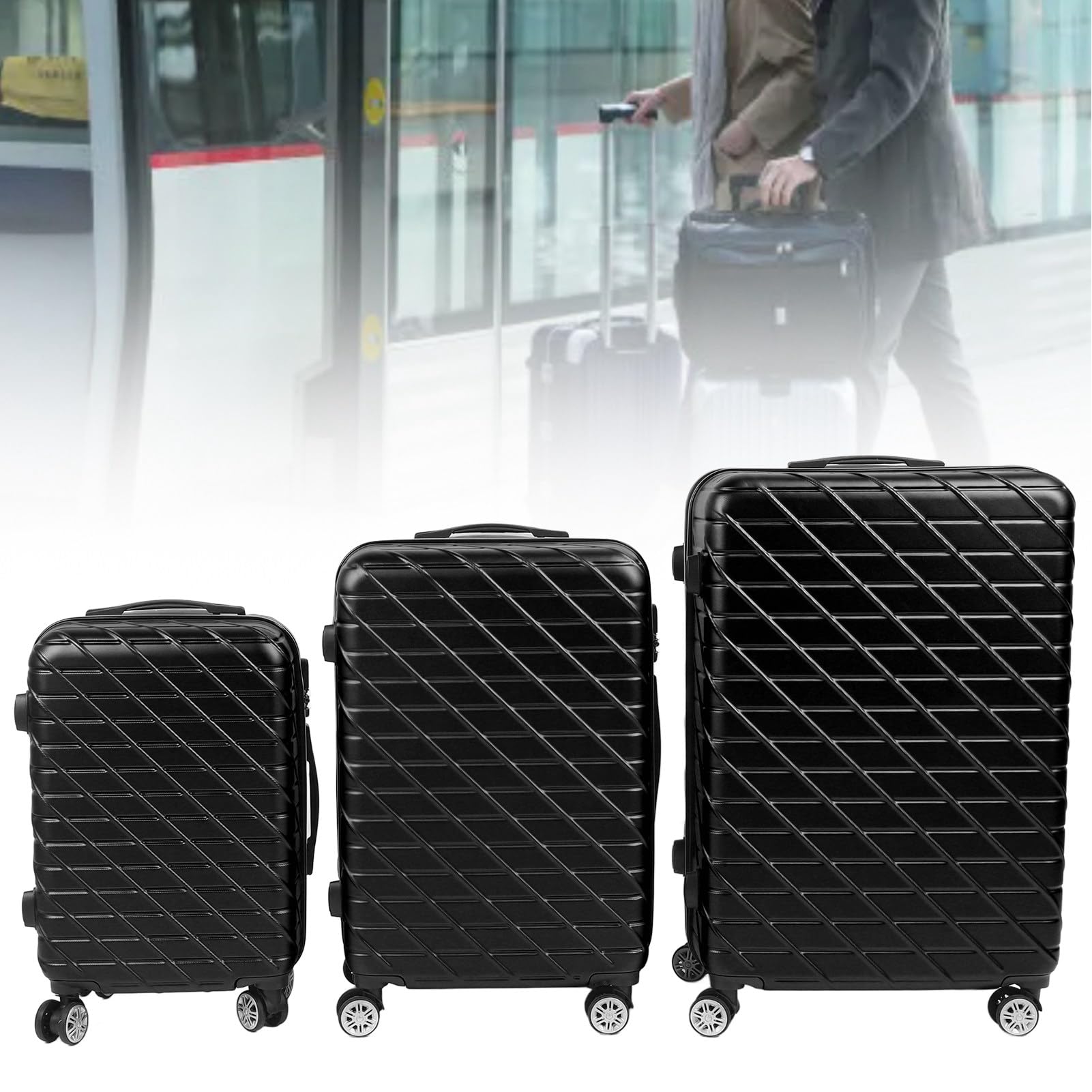 3-częściowy Zestaw Bagażu Hardshell z Zamkiem TSA, nośność 150 Kg na Długoterminowe Podróże i Wyjazdy Służbowe (BLACK)