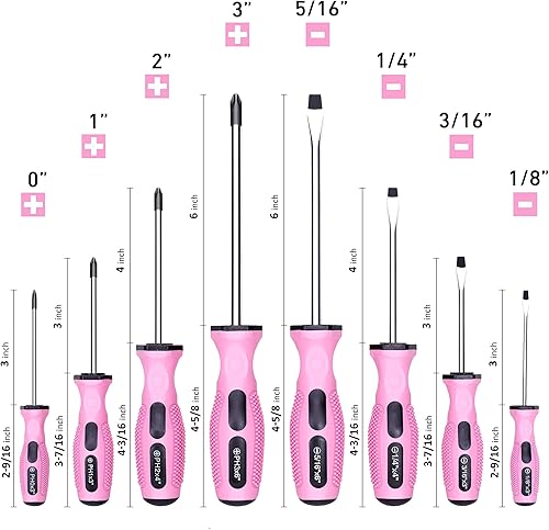 Miniatura 7 de FASTPRO Juego de destornilladores magnéticos rosados de 8 piezas con 4 Phillips y 4 puntas ranuradas, kit de herramientas de reparación de