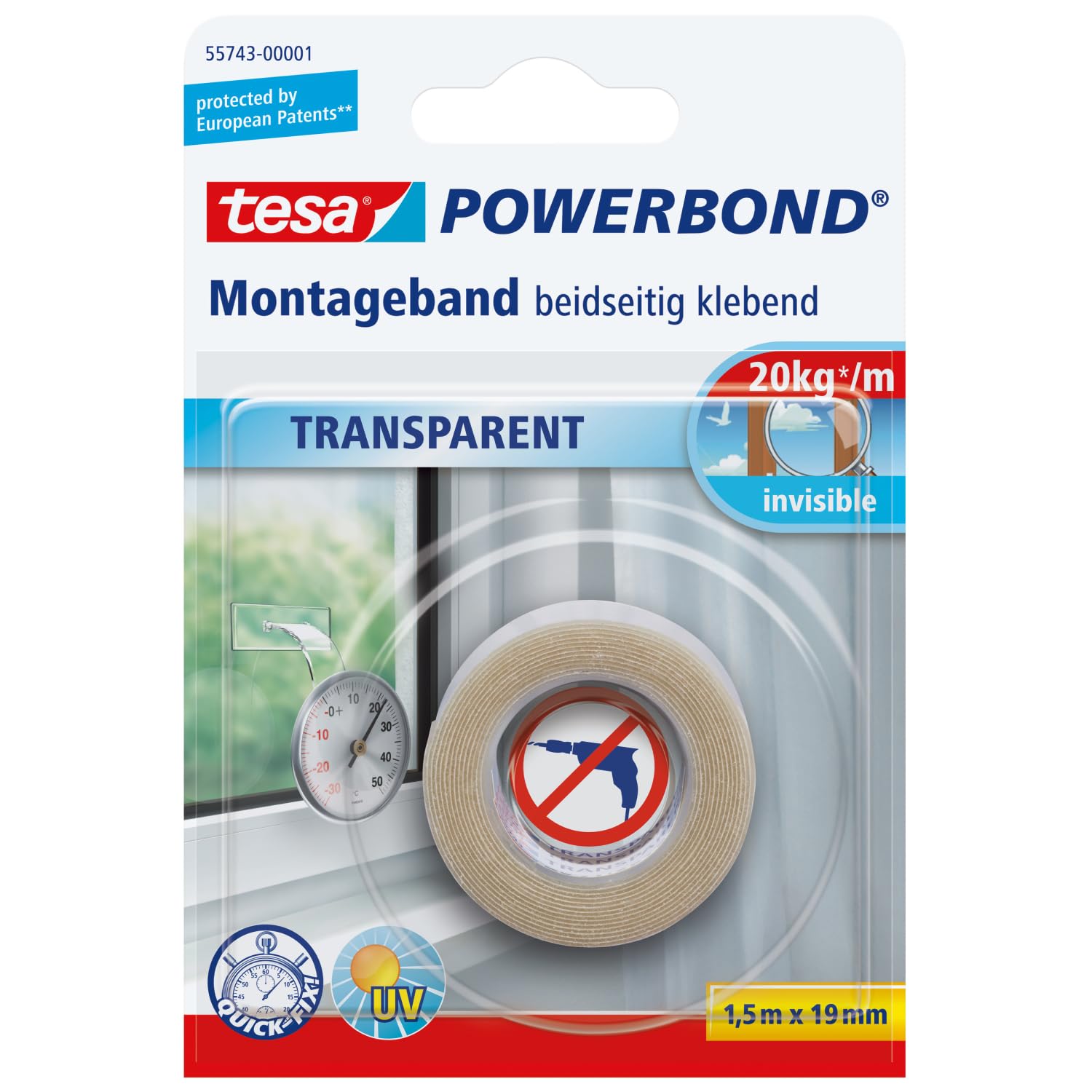 tesa Powerbond Montageband Transparent - doppelseitiges Klebeband - durchsichtiges Montage-Klebeband - transparent, 1,5 m x 19 mm, 1 Rolle
