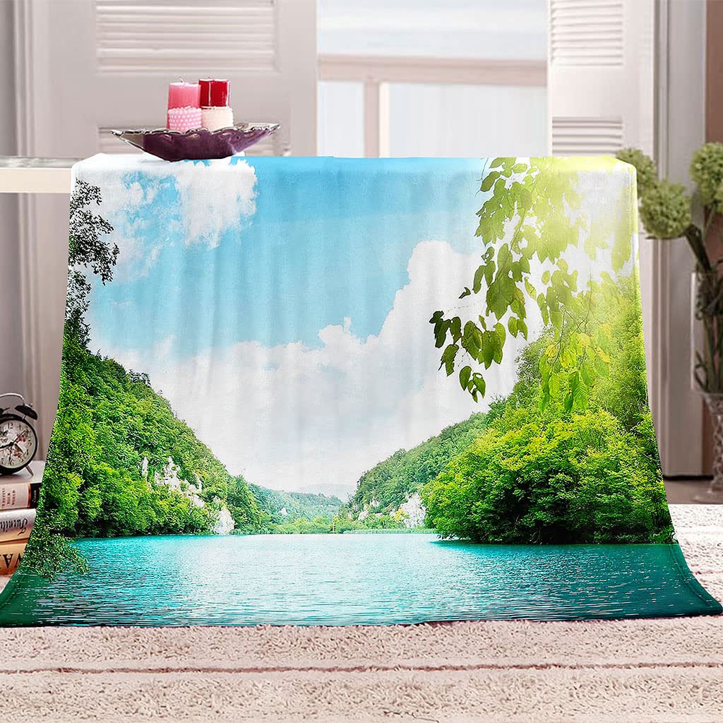 Couverture en flanelle vue du lac vert plaid polaire doux 3D 140x200cm