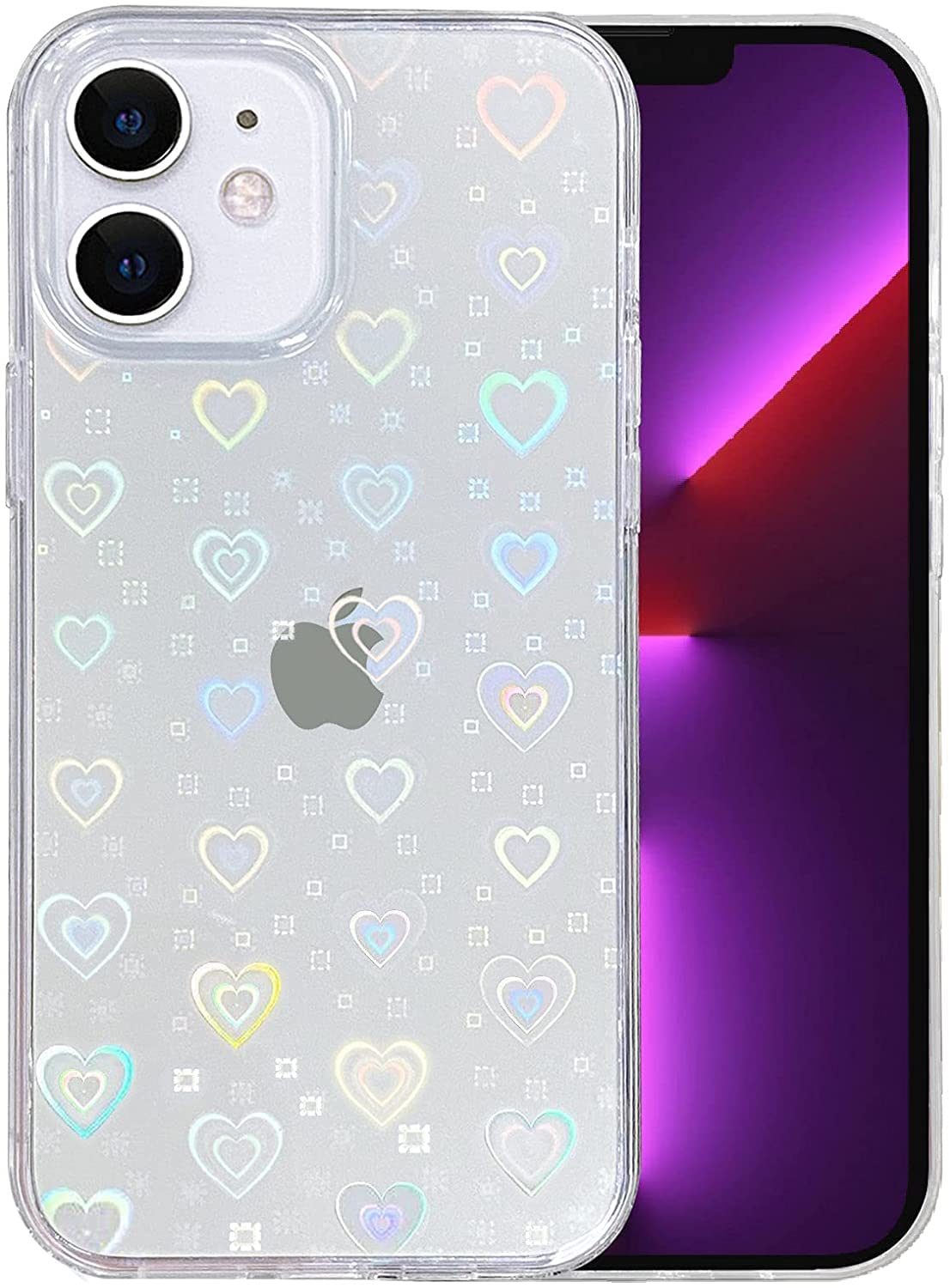 SmoBea Compatible with iPhone 12 Mini Case, for Laser Glitter Bling Heart Soft & Flexible TPU and Hard PC Back Shockproof Cover Women Girls Heart Pattern Phone Case (Rainbow Heart/Clear)