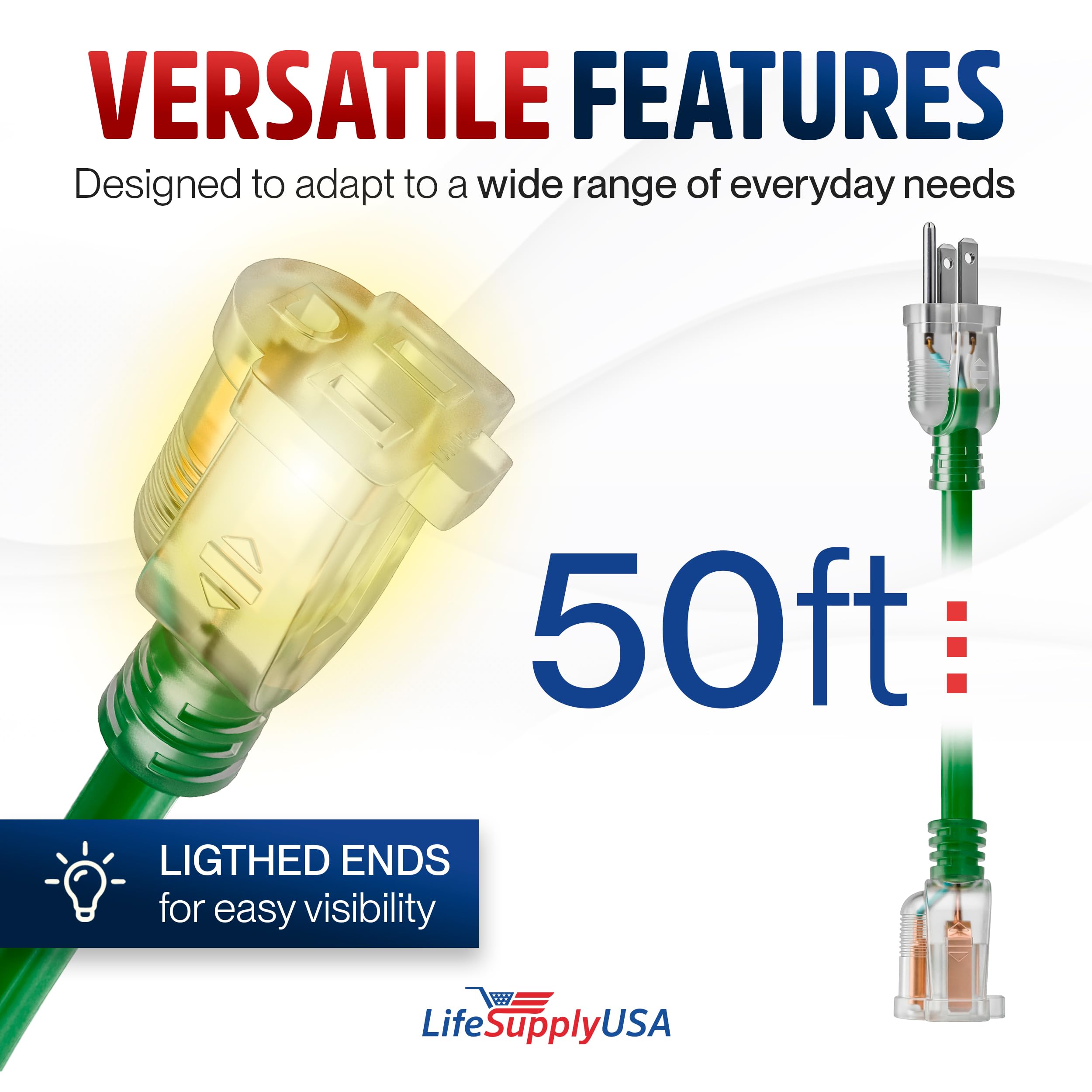 LifeSupplyUSA - Cable de Extensión Eléctrica Industrial 16/3 SJTW con Extremo Iluminado - Verde - Interior / Exterior Resistente, Extra Durabilidad, 13 A, 125 V, 1625 W, ETL