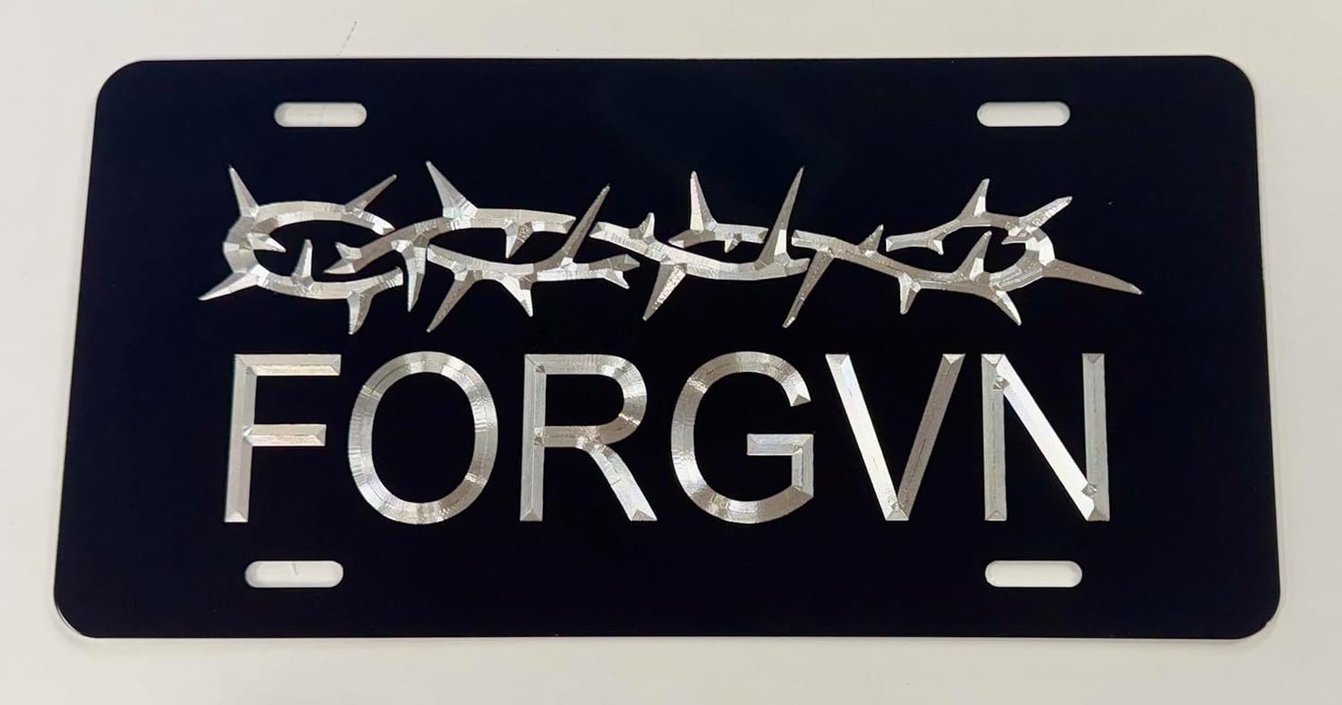Christian Forgiven 1 Logo Car Tag Diamond Etched on Black Aluminum License Plate
