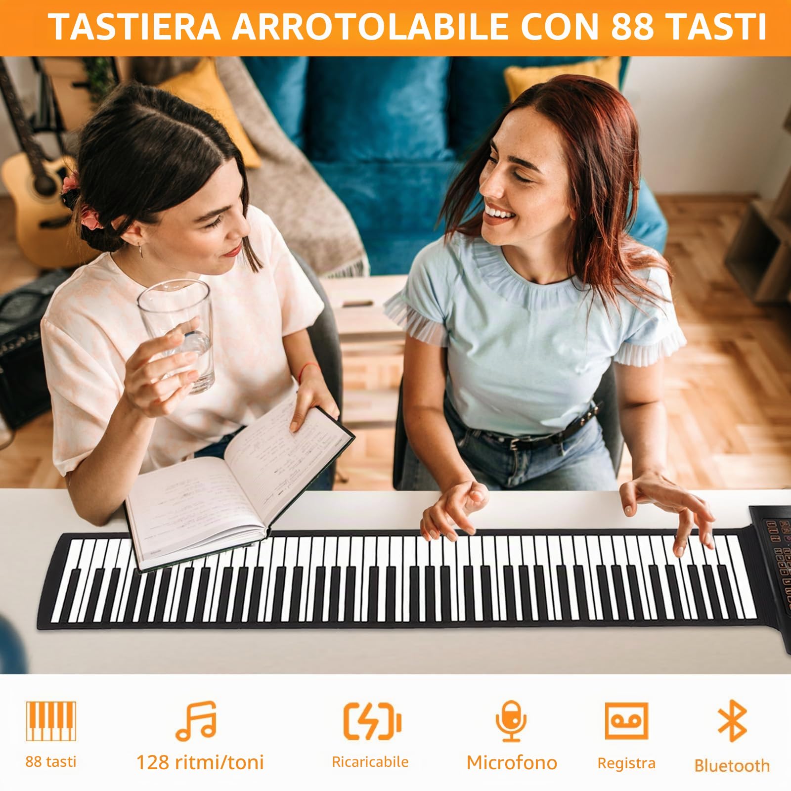 88 Tasti Tastiera Pianoforte Arrotolabile, Pianoforte Elettronico Portatile con 128 Ritmi Toni, 20 Demo, Funzione MIDI,Ricaricabile Rollup Pianoforte Pieghevole per Bambini Principianti Adulti