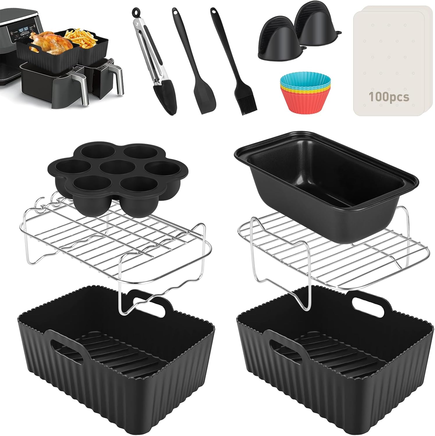 Lvelfe Air Fryer Accessories, Set of 12 for Ninja Dual AF300UK AF400UK Including Silicone Liner