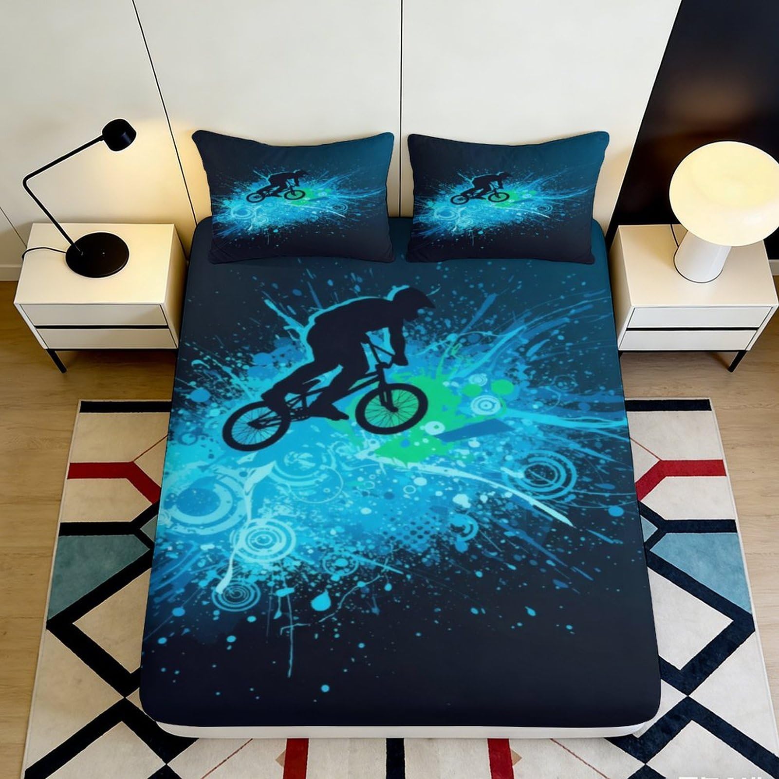 3D Printed BMX Rider Splash Fitted Sheet Microfiber Soft Breathable Urban Graffiti Bed Cover for Bedroom Decor 90x200x25cm