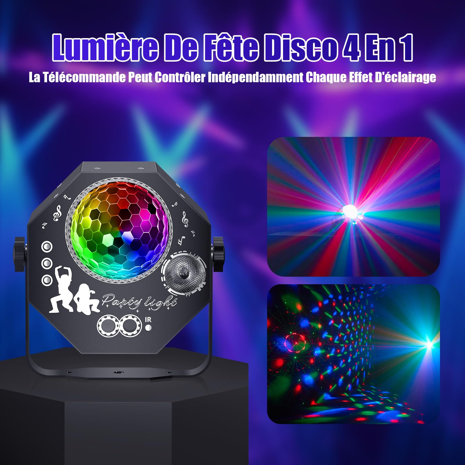 4 en 1 Jeux de Lumiere pour Soiree avec Boule Disco, LED RGB Jeu de Lumiere Soiree DJ, Commande Vocale lumiere pour Fêtes Familiales, Boîtes De Nuit, Halloween, Noël
