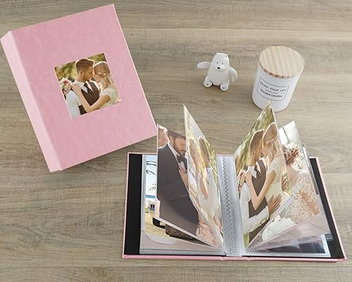 Miniatura 4 de Artmag Álbum de fotos de 4 x 6 pulgadas, 50 bolsillos, paquete de 2 unidades, cubierta de cuero, mini libro de fotos, puede guardar 100 fotos para