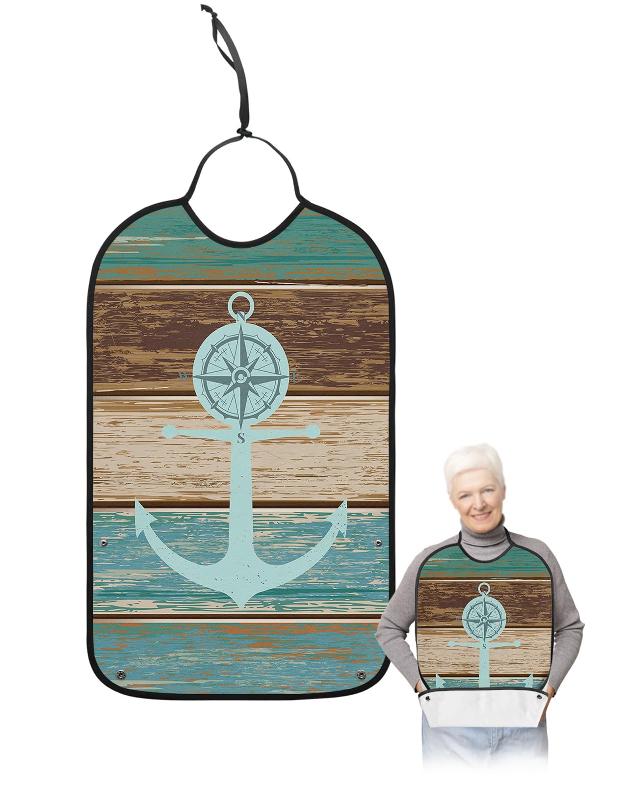 Teal Brown Wood Adult Bibs for Eating, Waterproof Bibs with Food Catcher & Adjustable Snap Closure, Rustic Beach Nautical Anchor Ocean Coastal Clothing Protectors Adult Bibs for Elderly Women/Men