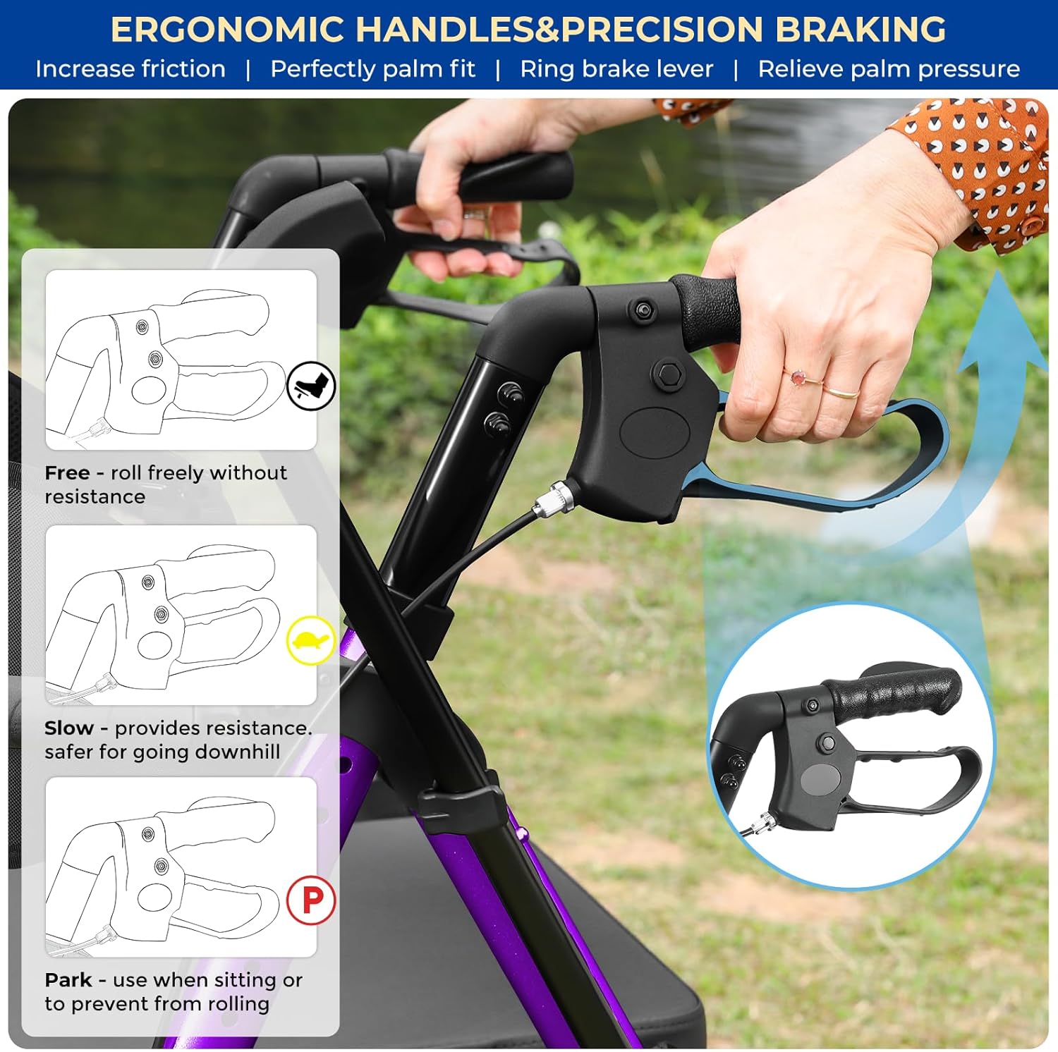 Foldable Rollator Walker for Seniors with Seat, Lightweight 2 in 1 Rolling Walkers Wheelchair Combo for Adult, Transport Chair with Brakes, Adjustable Seat and Handle, 300 Lb. Weight Capacity, Purple