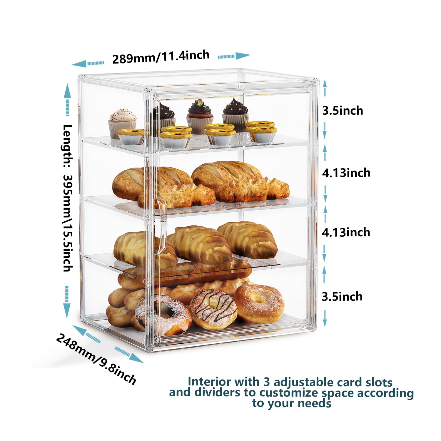 Vitrina de pastelería de 4 niveles, caja de pan grande para encimera de cocina, recipiente de almacenamiento de pan ajustable, exhibición de panadería para pan, galletas y donas, tamaño 15.5 x 11.4 x