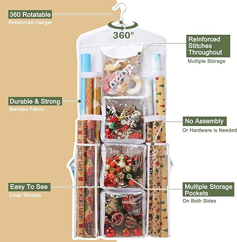 Miniatura 3 de EXLIFBAG Organizador de almacenamiento de papel de regalo, organizador de envoltorios de regalo con soporte de doble cara y bolsa de regalo colgante