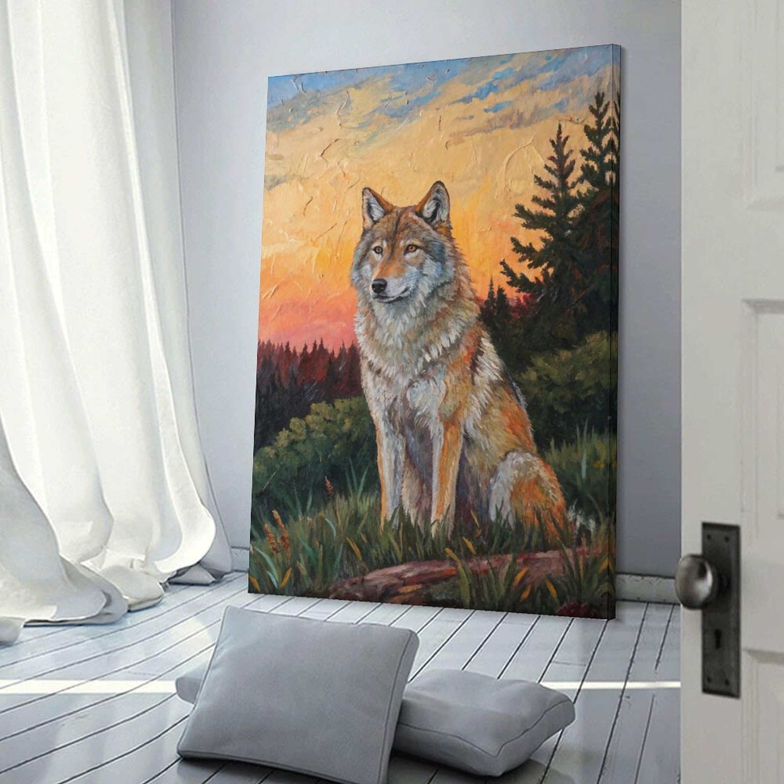 Junmoney Frame-Style-6 Wolf At Sunset Decorative Wall Artwork 12X18inch(30X45cm), For Front Hall, Corridor Or Welcome Spaces, Decorative Wall Art For Narrow Spaces