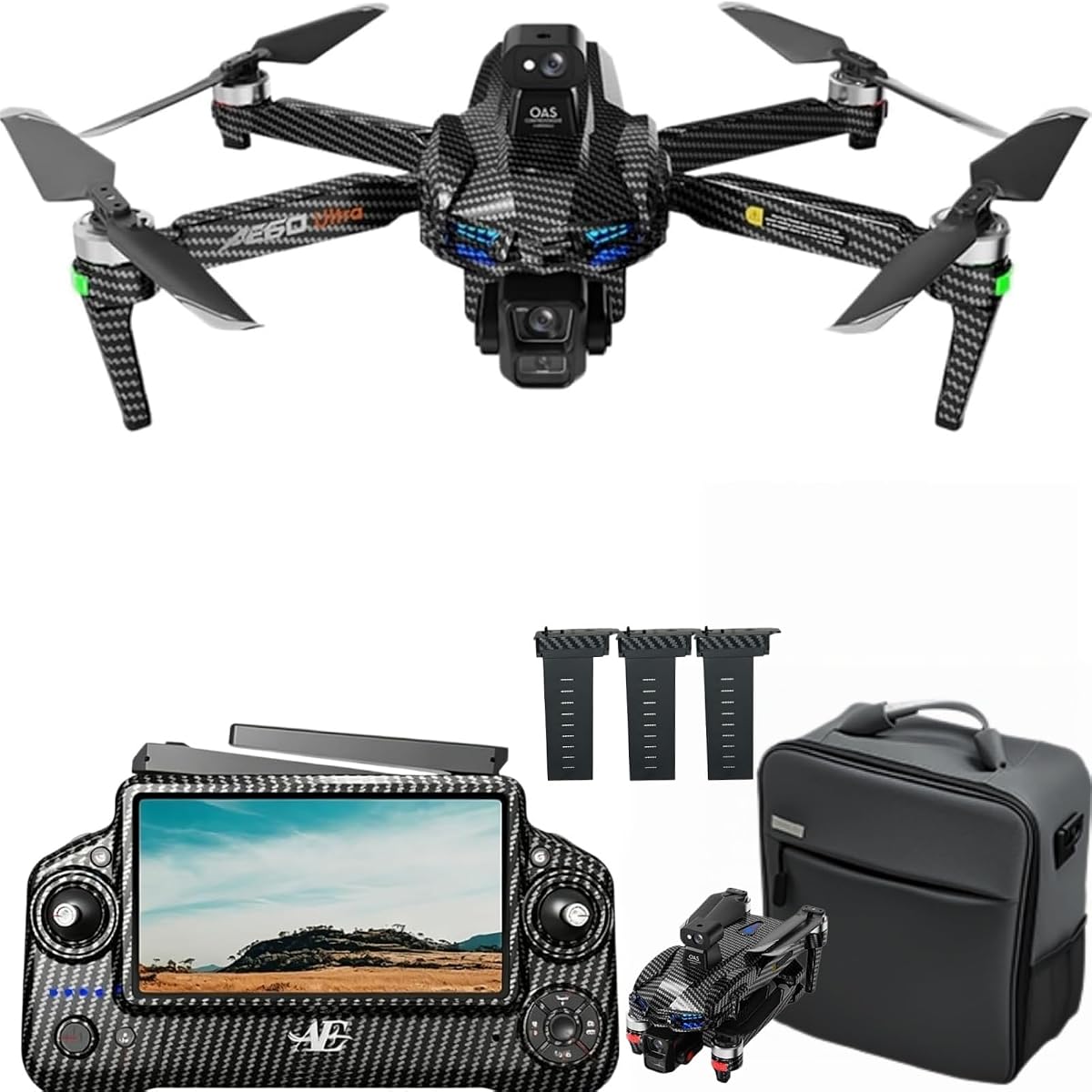 AE60 Ultra Drone with Camera for Adults, 3 Batteries,Carbon Fiber, | 4K Video and 8K Photo,3-Axis Mechanical Gimbal, 7.2" Touch Screen Remote,360° Obstacle Avoidance,Maximum 800g Payload