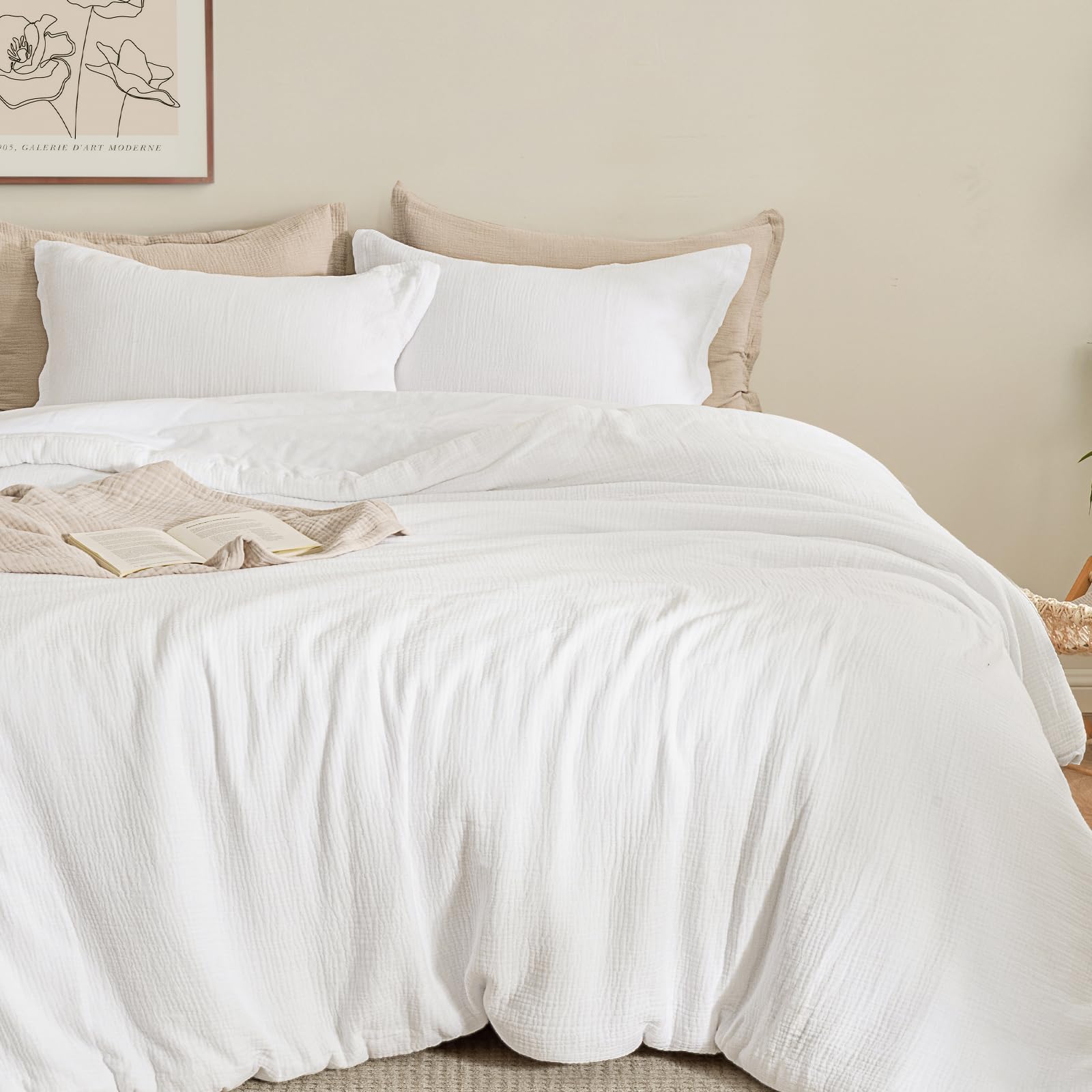 david's home cotton muslin comforter set queen size, soft lightweight breathable cozy skin-friendly, 3pcs linen like gauze bedding with pillow shams, aesthetics home decor & giftable, white