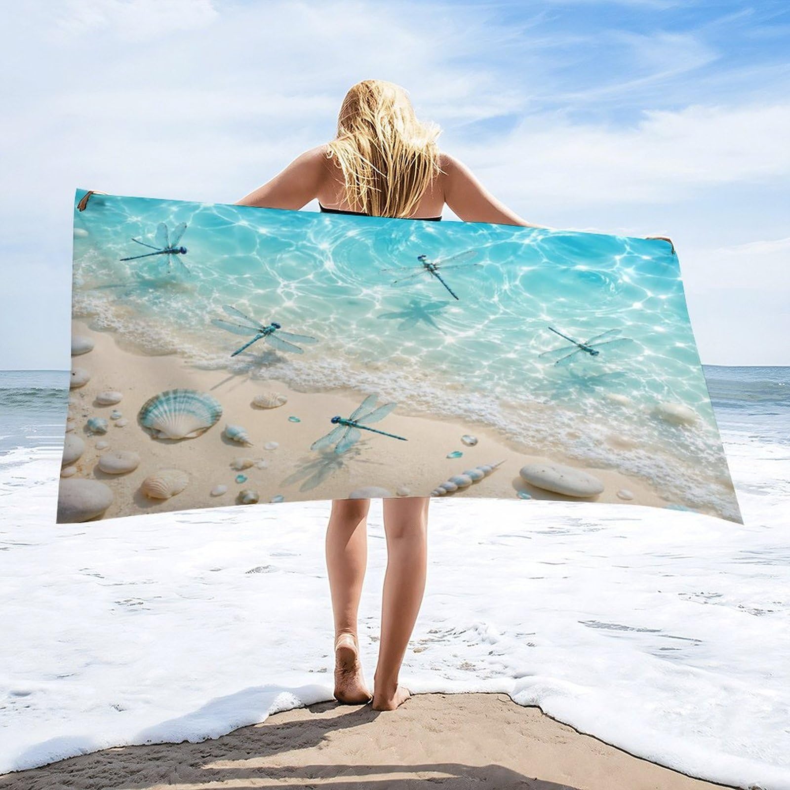 Anceky Dragonfly Beach Seashell Beach Towel 32"×63",Soft Microfiber Bath Towel Shawl, Quick Dry Absorbent Pool Spa Gym Shower Towel