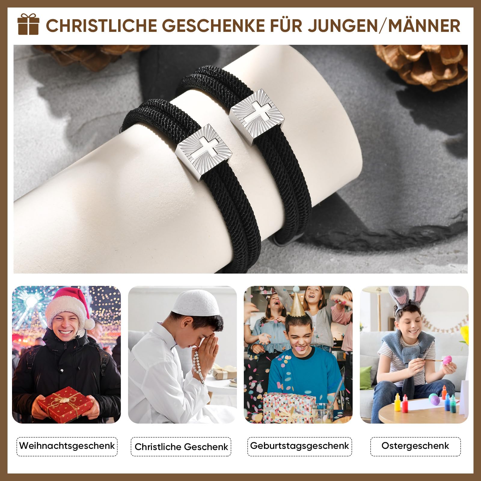 FLHEART Cruz pulsera confirmación regalos para niños – Pulsera de cuerda náutica negra con cruz, pulseras de Jesucristo, joyas, confirmación de Pascua, regalo para niños, hombres, hijo, regalos