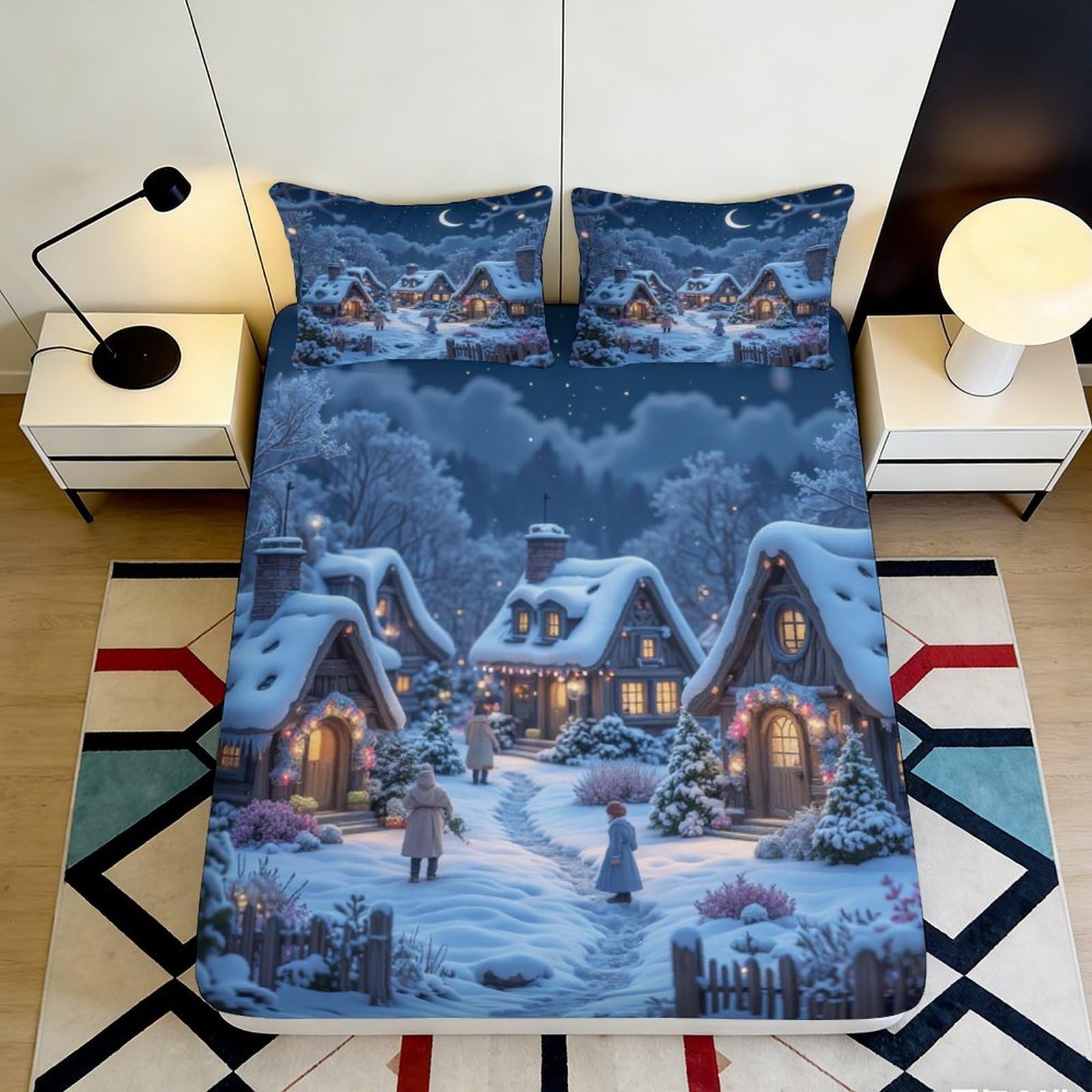 3D Printed Winter Village Fitted Sheet Microfiber Non-Slip Blue Snowy Cottage Mattress Cover for Bedroom Guest Room Decor 90x200x25cm
