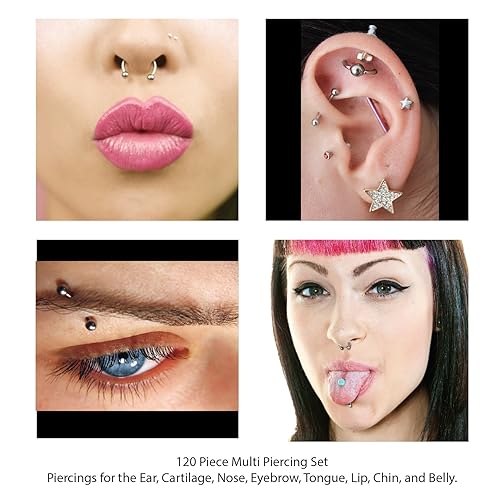 Miniatura 3 de BodyJ4You 120 piercings corporales para el cuidado posterior salino, 14 G, 0.56oz, piercing para el vientre, nariz, tragus, labio, 120 unidades