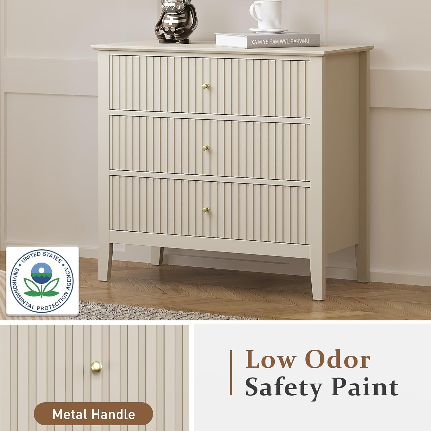 Dresser with metal handle and text 'Low Odor Safety Paint'