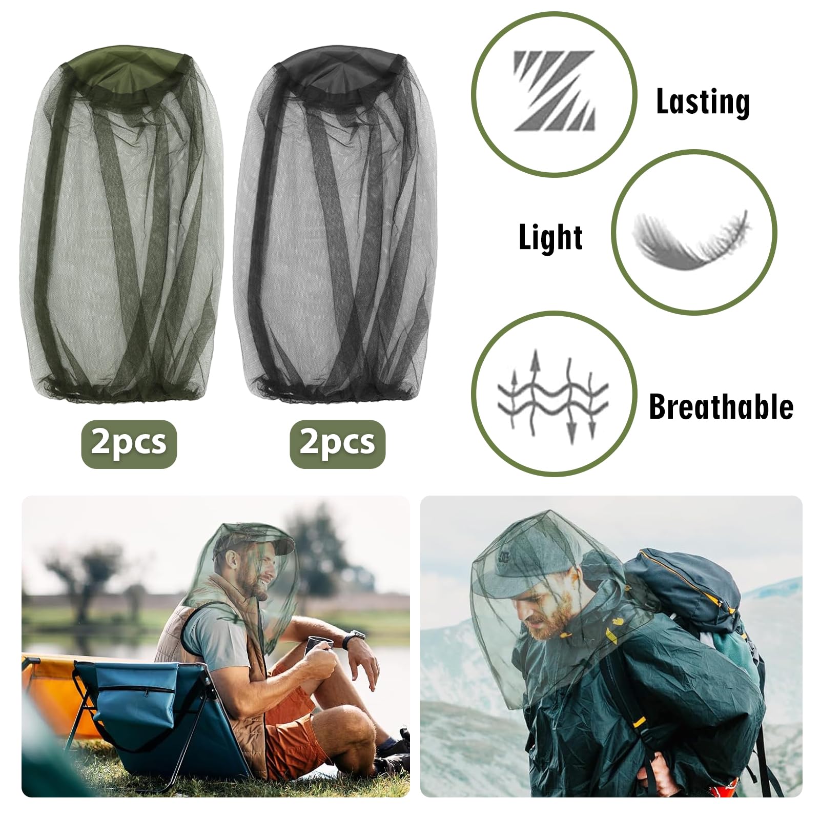 Cappello Antizanzare, 4 Pezzi Cappello con Rete Antizanzare, Maglia Ultra-Fine 522 Fori/pollice², Leggero e Traspirante per Campeggio, Escursionismo, Pesca