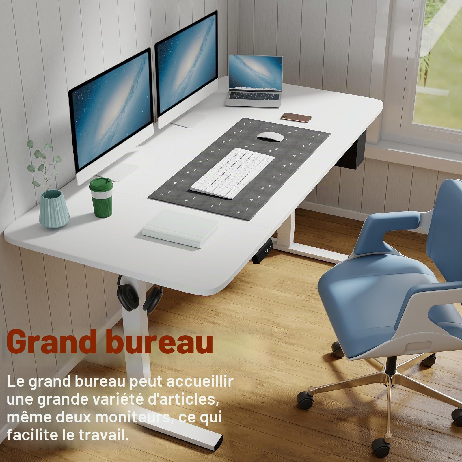 Bureau Électrique Réglable en Hauteur, 160 x 80cm, Bureau Assis Debout avec Mémoire Contrôle et Port USB, Bureau Ergonomique, Panneau Intelligent, avec Crochet et Sac de Rangement, Blanc