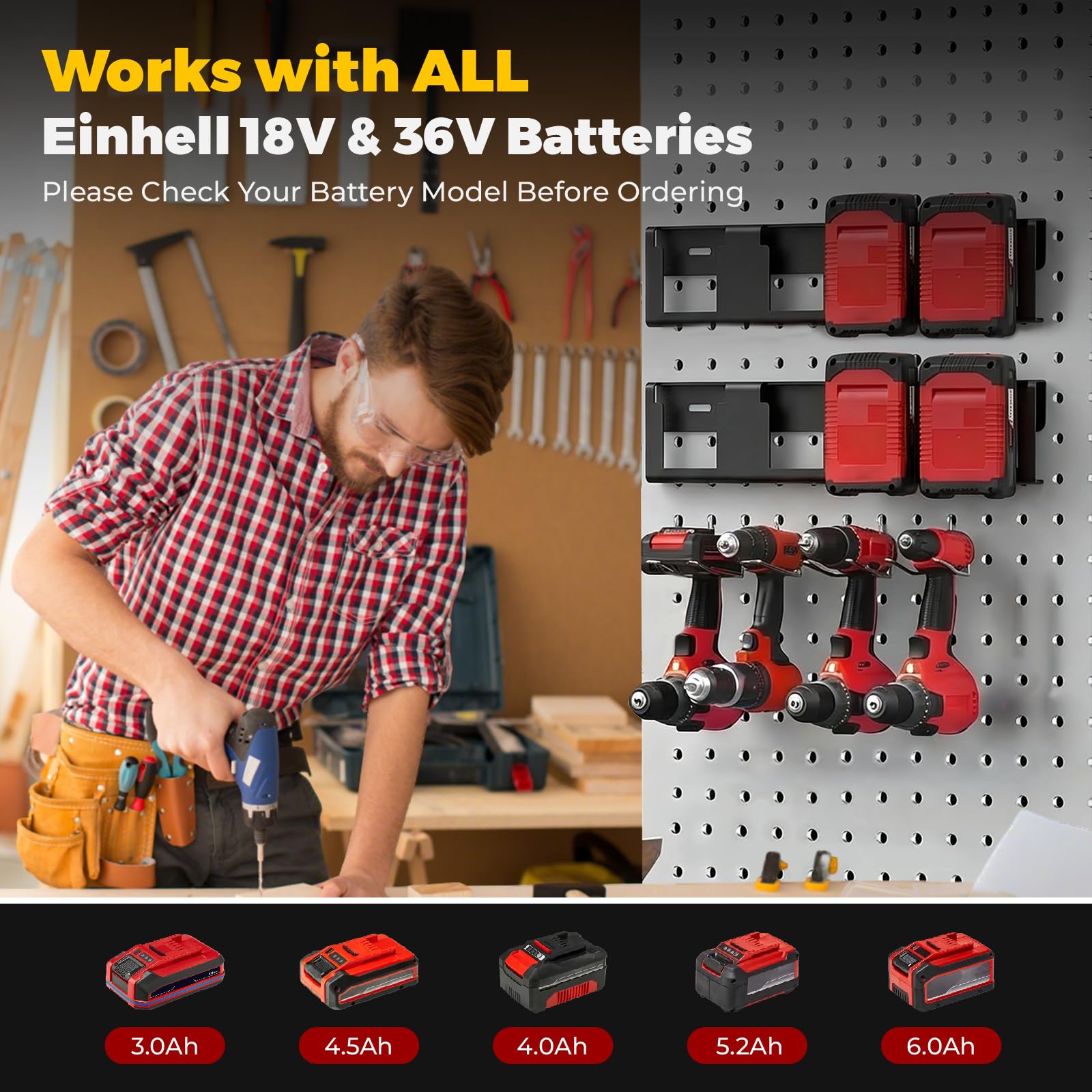 2 Support Batterie,Support Mural Compatible avec Einhell Power X-Change 18V & 36V,Peut Accueillir 8 Batteries Utilitaires,Acier Titane Durable Matériau,pour Garage,Atelier,Abri jardin,Maison
