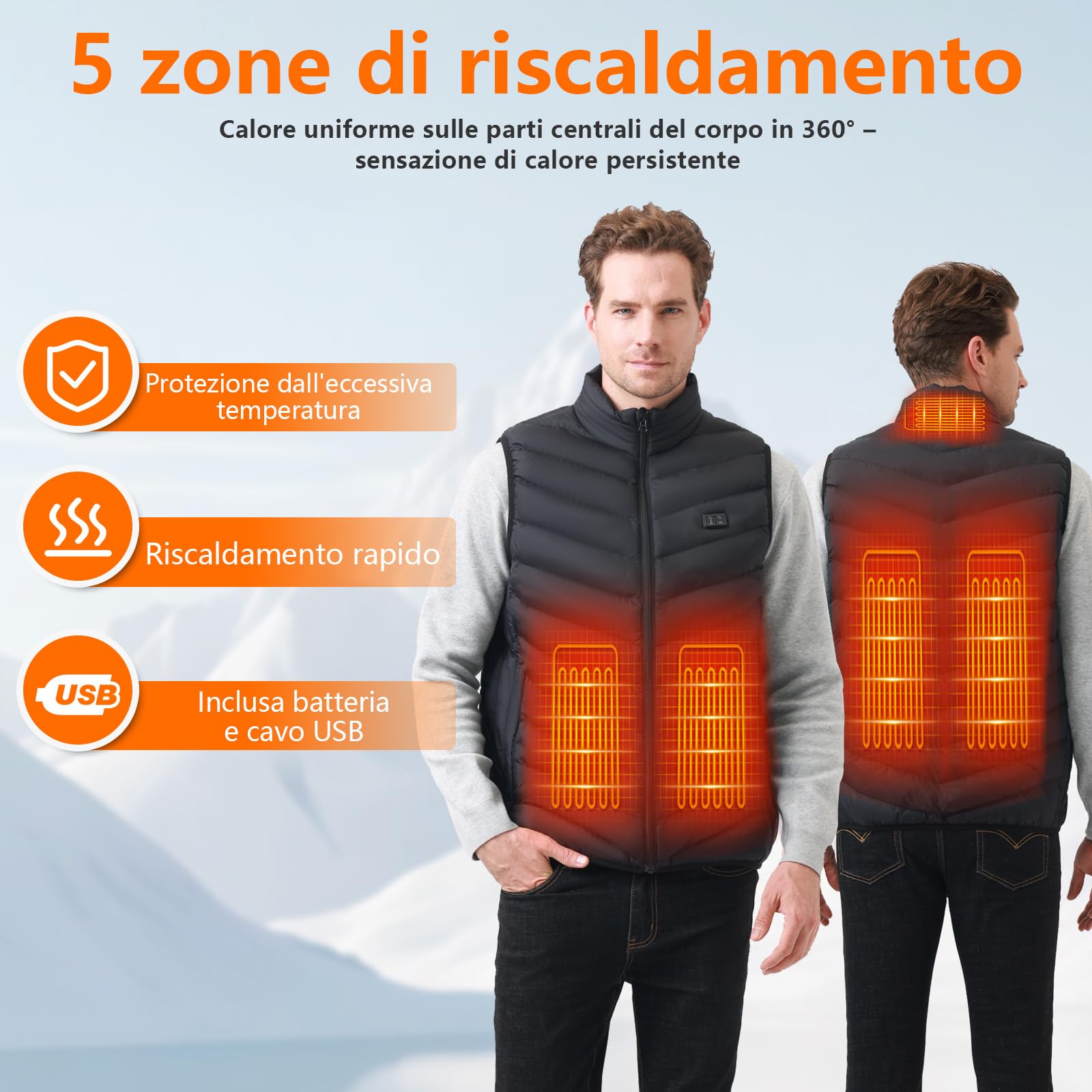 Gilet Riscaldabile per Uomo e Donna, Gilet Riscaldato USB con Batteria da 5 V 10000 mAh, Giacca Calda Invernale per Escursionismo, Caccia, Moto (IT, Testo, S, Regular, Regular, Nero)
