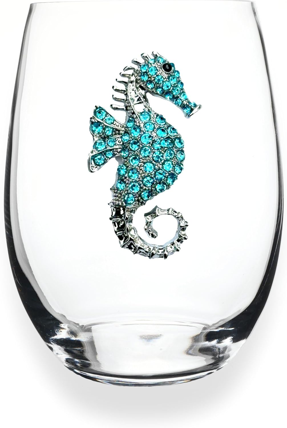 THE QUEENS' JEWELS Blue Seahorse Jeweled Stemless Wine Glass, 21 oz. - Unique Gift for Women, Birthday, Cute, Fun, Not Painted, Decorated, Bling, Bedazzled, Rhinestone
