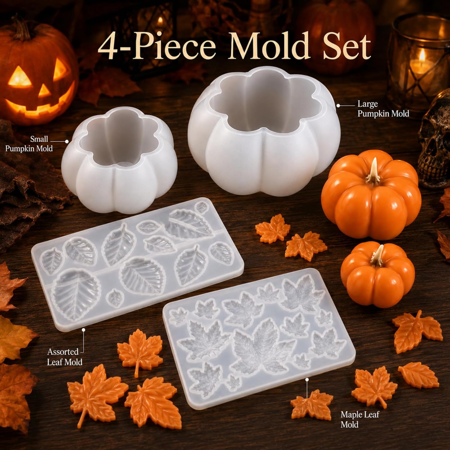 4PCS Pumpkin Leaf Resin Molds, Halloween Silicone Molds for Candle Crafts