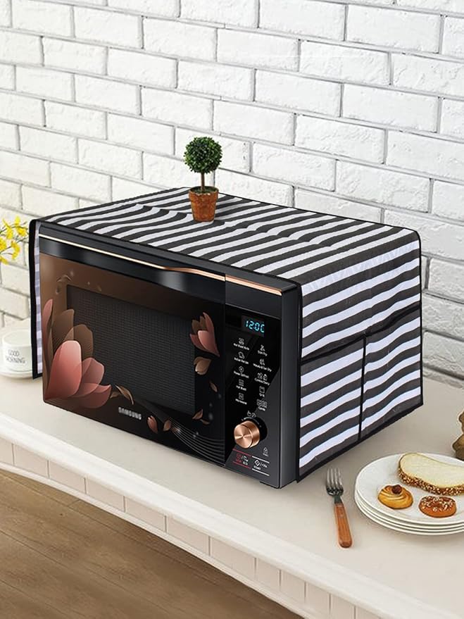 PrettyKrafts Microwave Oven Top Cover, Microwave Cover with Pockets Free Size, with 4 Utility Pockets, Stripes Black, Polyester