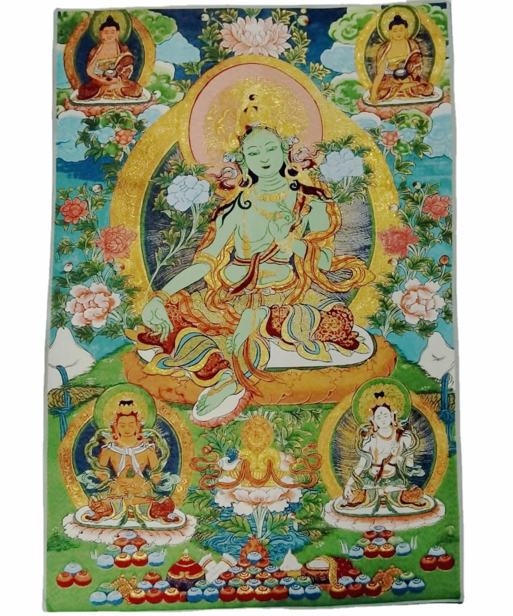 Thangka Silk Embroidery Tibetan Buddhism Green Tara Kwan Yin Guanyin Tangka Wall Hanging for Home Decor Tapestry Meditation